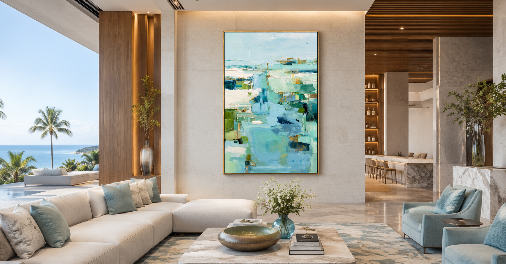 "Aqua Passage" - Soft Abstract Seascape Painting | Blue Green Vertical Contemporary Wall Art