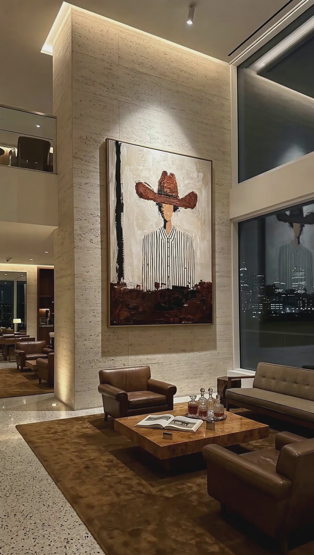 视频"Modern Cowboy in Stripes" – Contemporary Heavy Impasto Portrait | 3D Cinnamon & Cream Palette Knife Painting | Luxury Vertical Wall Art #PE 011