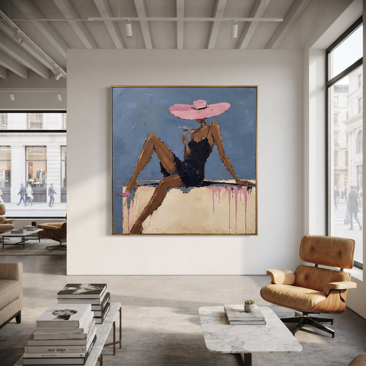 Pink Hat Blue Lounge Figure focuses on seated woman in black dress with long legs, pink wide hat, blue wall, pale sofa ledge, and pink drip marks. The composition is built from the exact pose, clothing shape, accessories, furniture, animal form, shoreline, palm shape, surfboard, or table arrangement visible in this artwork, so the image reads as a specific modern figurative painting rather than a generic decorative abstract. The blue; pink; black palette gives the piece its main atmosphere