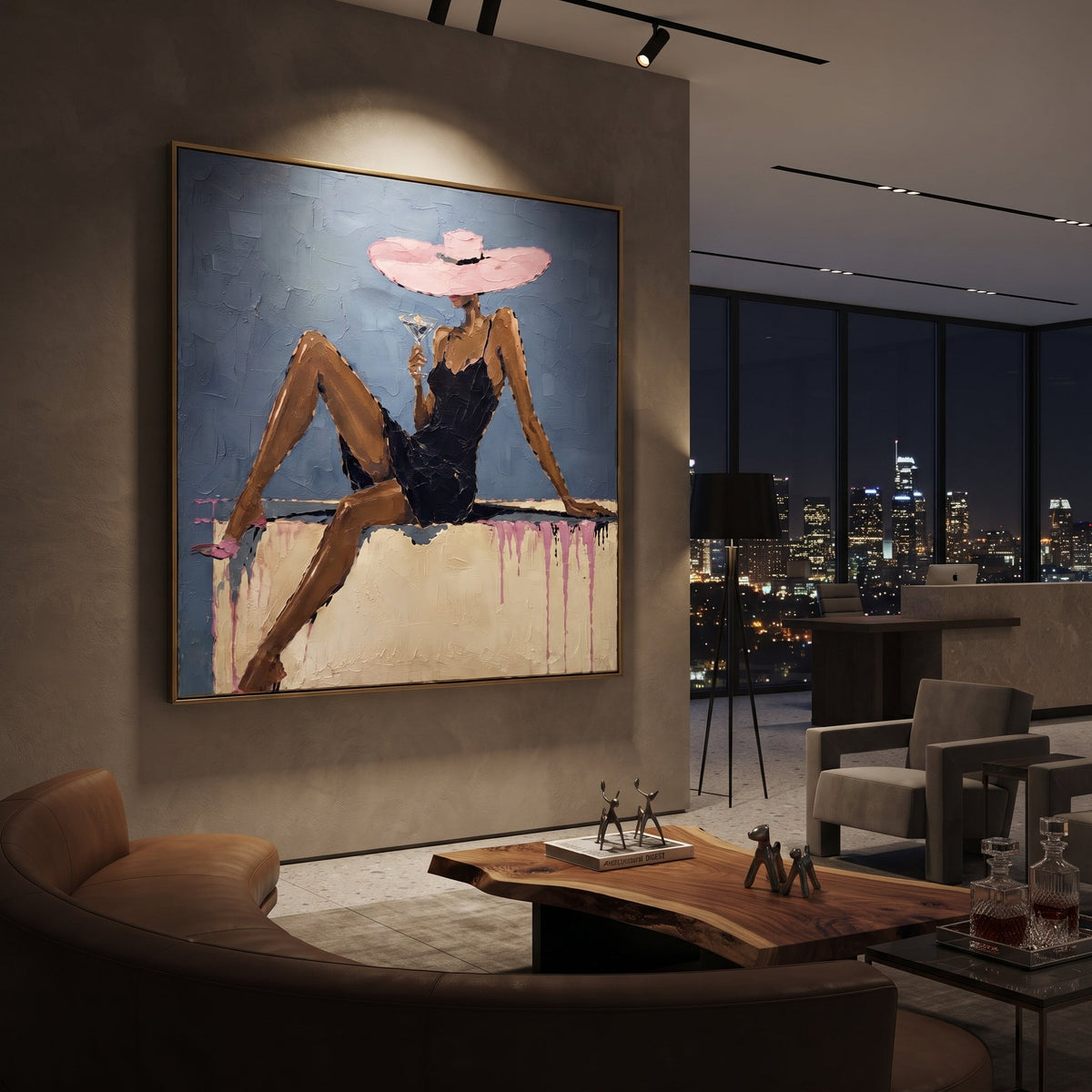 Pink Hat Blue Lounge Figure focuses on seated woman in black dress with long legs, pink wide hat, blue wall, pale sofa ledge, and pink drip marks. The composition is built from the exact pose, clothing shape, accessories, furniture, animal form, shoreline, palm shape, surfboard, or table arrangement visible in this artwork, so the image reads as a specific modern figurative painting rather than a generic decorative abstract. The blue; pink; black palette gives the piece its main atmosphere