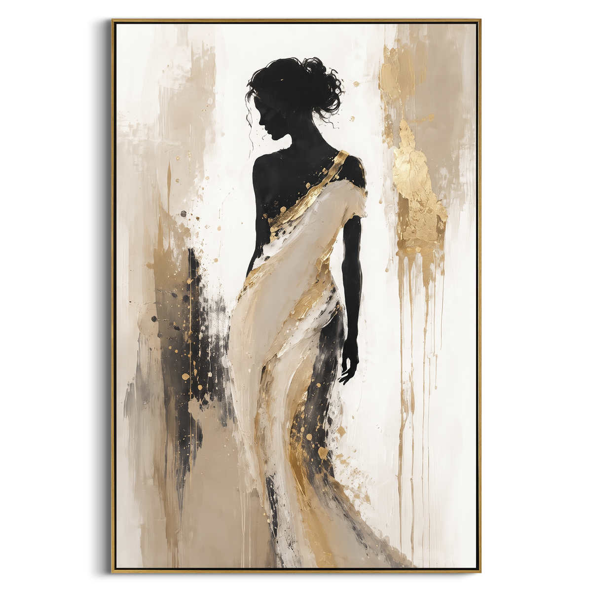 Black Silhouette White Shawl focuses on standing black female silhouette wrapped in a white shawl against beige and gold textured vertical ground. The composition is built from the exact pose, clothing shape, accessories, furniture, animal form, shoreline, palm shape, surfboard, or table arrangement visible in this artwork, so the image reads as a specific modern figurative painting rather than a generic decorative abstract. The black; white; beige palette gives the piece its main atmosphere