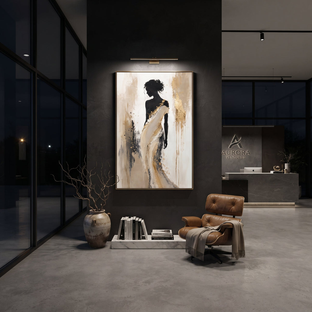 Black Silhouette White Shawl focuses on standing black female silhouette wrapped in a white shawl against beige and gold textured vertical ground. The composition is built from the exact pose, clothing shape, accessories, furniture, animal form, shoreline, palm shape, surfboard, or table arrangement visible in this artwork, so the image reads as a specific modern figurative painting rather than a generic decorative abstract. The black; white; beige palette gives the piece its main atmosphere