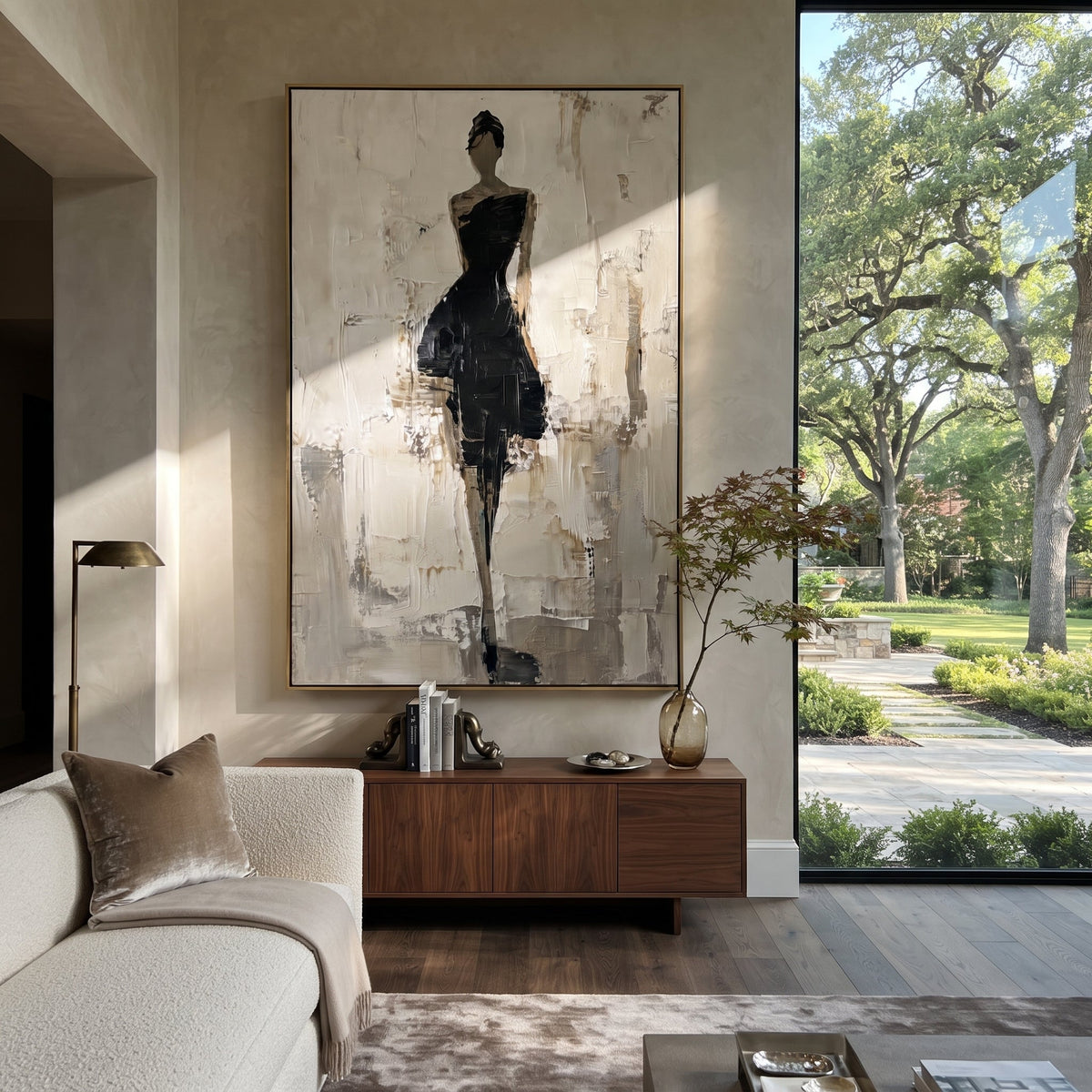Black Dress Gallery Figure focuses on slender woman in black dress standing in a pale gallery-like field with grey plaster marks. The composition is built from the exact pose, clothing shape, accessories, furniture, animal form, shoreline, palm shape, surfboard, or table arrangement visible in this artwork, so the image reads as a specific modern figurative painting rather than a generic decorative abstract. The black; white; grey palette gives the piece its main atmosphere, while smaller dark
