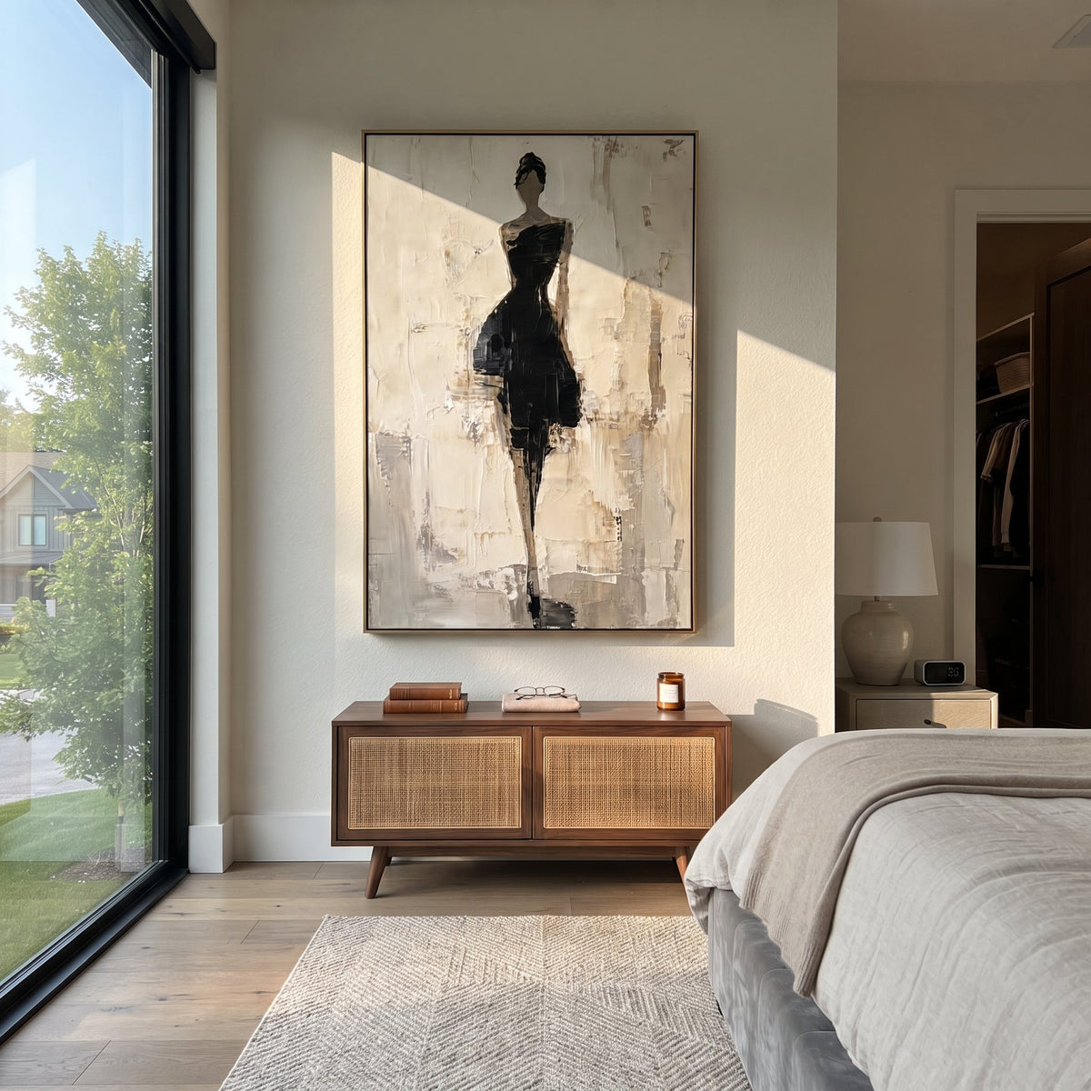 Black Dress Gallery Figure focuses on slender woman in black dress standing in a pale gallery-like field with grey plaster marks. The composition is built from the exact pose, clothing shape, accessories, furniture, animal form, shoreline, palm shape, surfboard, or table arrangement visible in this artwork, so the image reads as a specific modern figurative painting rather than a generic decorative abstract. The black; white; grey palette gives the piece its main atmosphere, while smaller dark