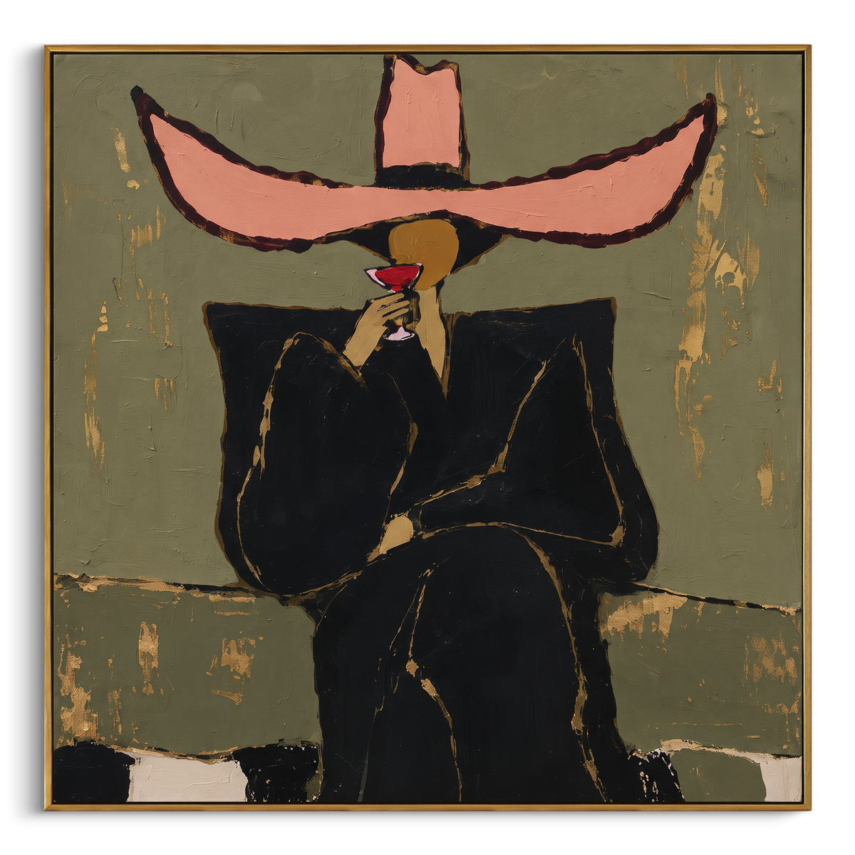 Pink Sombrero Martini Portrait focuses on front-facing black suited figure under an oversized pink hat holding a red martini on an olive ground. The composition is built from the exact pose, clothing shape, accessories, furniture, animal form, shoreline, palm shape, surfboard, or table arrangement visible in this artwork, so the image reads as a specific modern figurative painting rather than a generic decorative abstract. The pink; olive; black palette gives the piece its main atmosphere, while