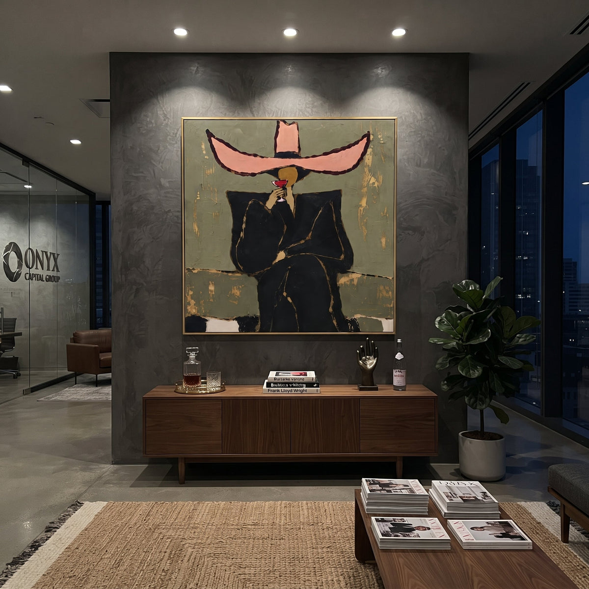 Pink Sombrero Martini Portrait focuses on front-facing black suited figure under an oversized pink hat holding a red martini on an olive ground. The composition is built from the exact pose, clothing shape, accessories, furniture, animal form, shoreline, palm shape, surfboard, or table arrangement visible in this artwork, so the image reads as a specific modern figurative painting rather than a generic decorative abstract. The pink; olive; black palette gives the piece its main atmosphere, while