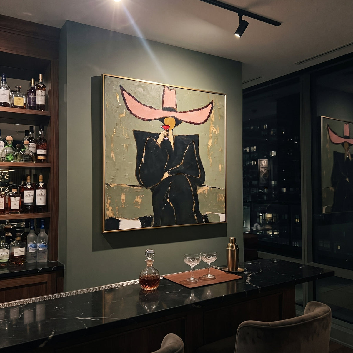 Pink Sombrero Martini Portrait focuses on front-facing black suited figure under an oversized pink hat holding a red martini on an olive ground. The composition is built from the exact pose, clothing shape, accessories, furniture, animal form, shoreline, palm shape, surfboard, or table arrangement visible in this artwork, so the image reads as a specific modern figurative painting rather than a generic decorative abstract. The pink; olive; black palette gives the piece its main atmosphere, while