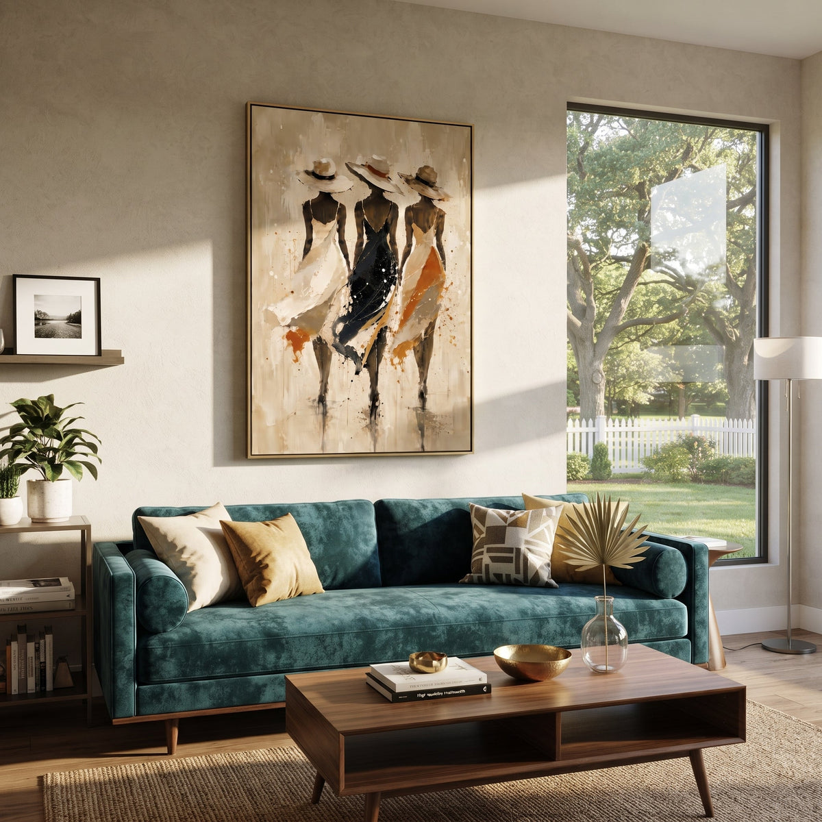 Three Hat Dress Figures focuses on three slim dress figures in cream, black, and ochre hats walking through a pale textured field. The composition is built from the exact pose, clothing shape, accessories, furniture, animal form, shoreline, palm shape, surfboard, or table arrangement visible in this artwork, so the image reads as a specific modern figurative painting rather than a generic decorative abstract. The cream; black; ochre palette gives the piece its main atmosphere, while smaller dark