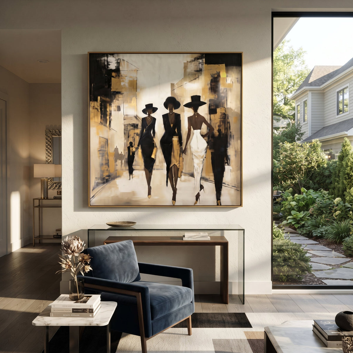 City Runway Hat Trio focuses on three black-hatted fashion figures walking through an abstract city corridor with beige grey blocks. The composition is built from the exact pose, clothing shape, accessories, furniture, animal form, shoreline, palm shape, surfboard, or table arrangement visible in this artwork, so the image reads as a specific modern figurative painting rather than a generic decorative abstract. The beige; black; grey palette gives the piece its main atmosphere, while smaller