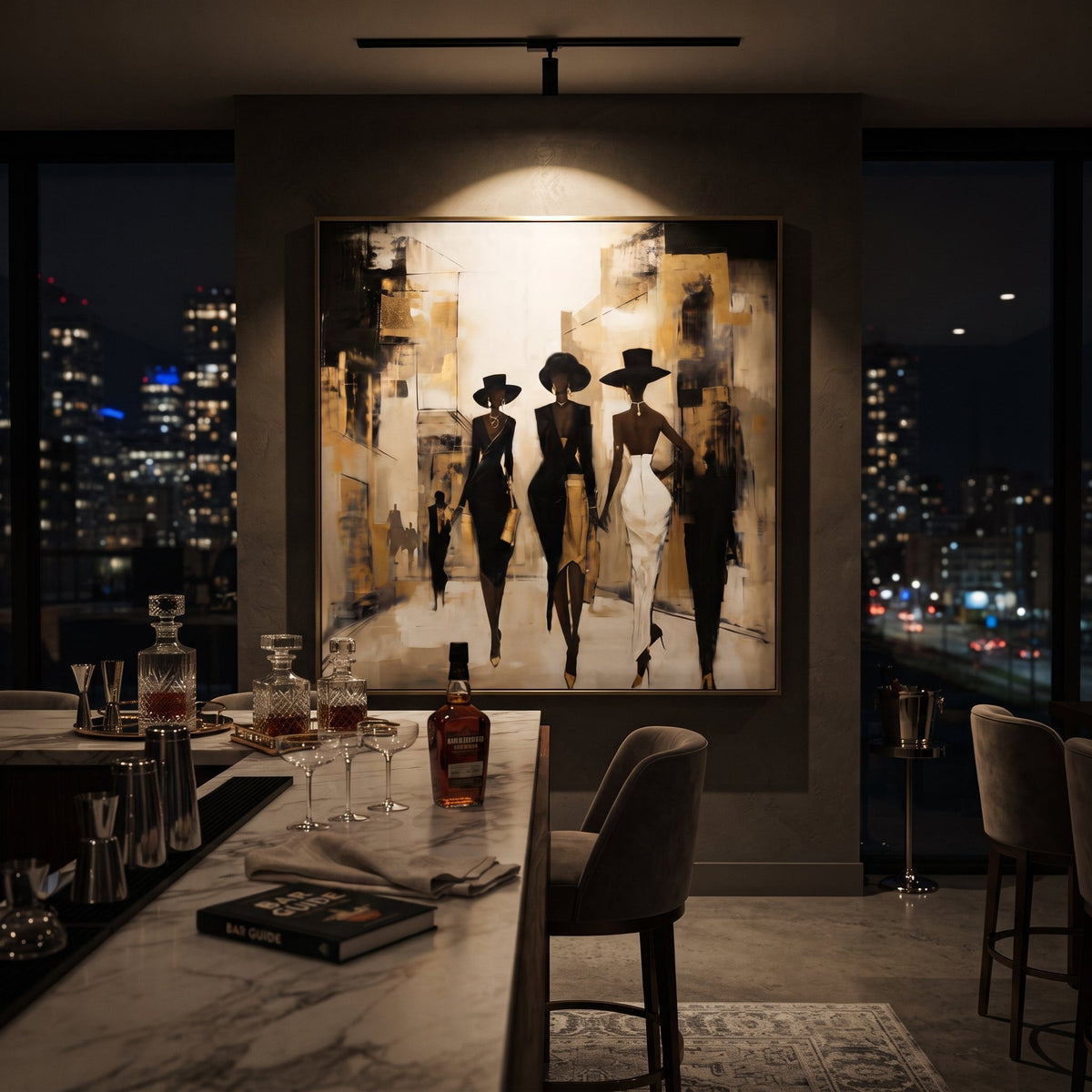 City Runway Hat Trio focuses on three black-hatted fashion figures walking through an abstract city corridor with beige grey blocks. The composition is built from the exact pose, clothing shape, accessories, furniture, animal form, shoreline, palm shape, surfboard, or table arrangement visible in this artwork, so the image reads as a specific modern figurative painting rather than a generic decorative abstract. The beige; black; grey palette gives the piece its main atmosphere, while smaller