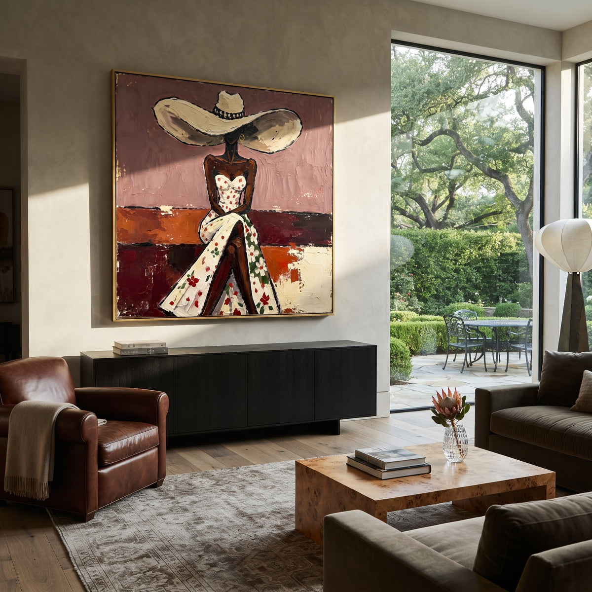Floral Dress Wide Hat Back focuses on back view woman in white floral dress and large cream hat against mauve and burgundy blocks. The composition is built from the exact pose, clothing shape, accessories, furniture, animal form, shoreline, palm shape, surfboard, or table arrangement visible in this artwork, so the image reads as a specific modern figurative painting rather than a generic decorative abstract. The cream; mauve; burgundy palette gives the piece its main atmosphere, while smaller