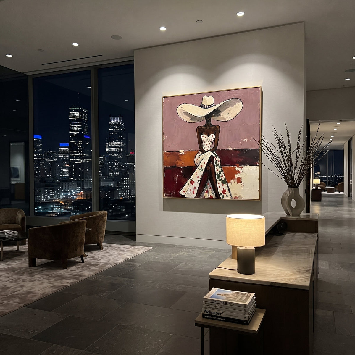 Floral Dress Wide Hat Back focuses on back view woman in white floral dress and large cream hat against mauve and burgundy blocks. The composition is built from the exact pose, clothing shape, accessories, furniture, animal form, shoreline, palm shape, surfboard, or table arrangement visible in this artwork, so the image reads as a specific modern figurative painting rather than a generic decorative abstract. The cream; mauve; burgundy palette gives the piece its main atmosphere, while smaller