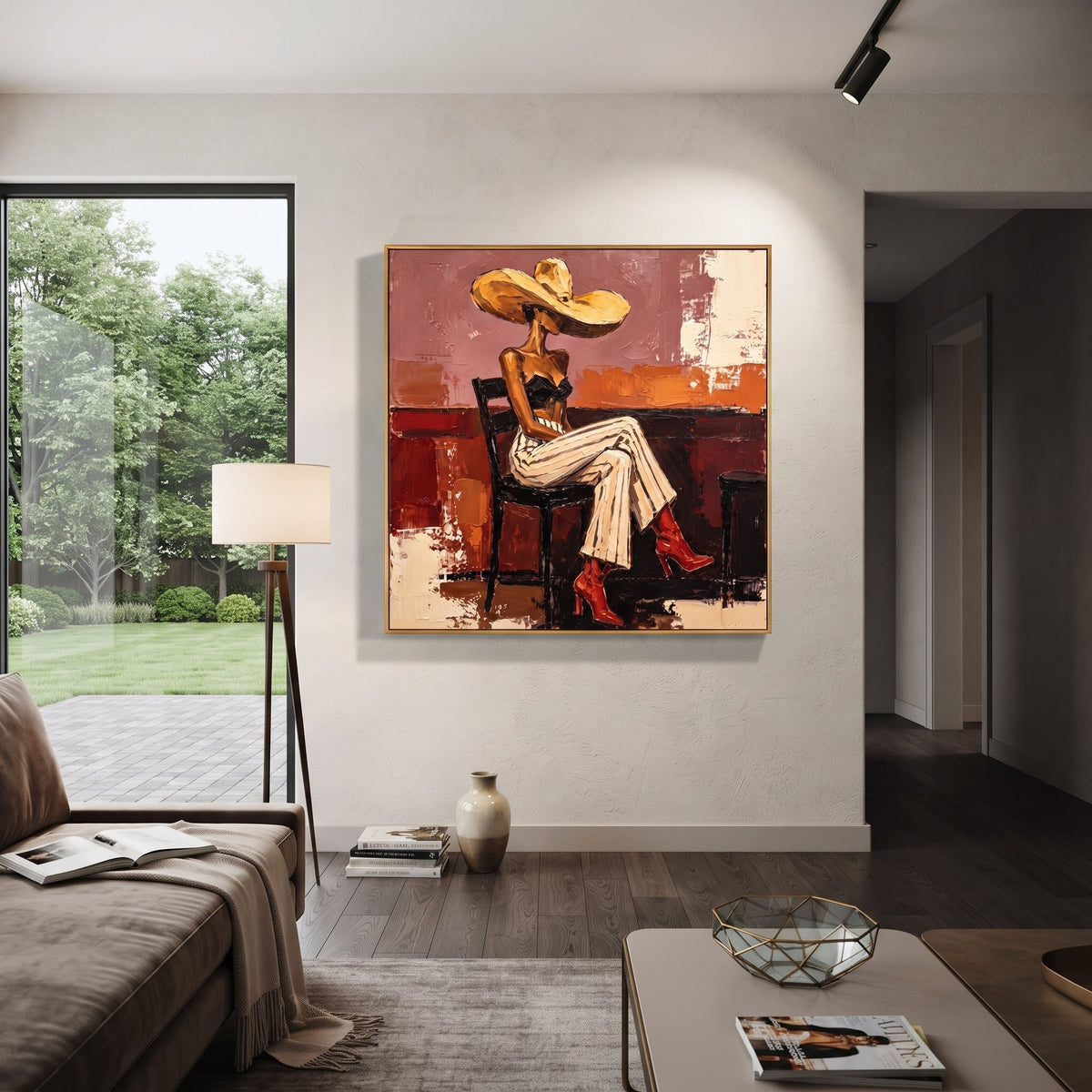 Orange Room Red Boots Figure focuses on seated fashion woman in striped cream pants, black top, golden hat, red boots, and orange room blocks. The composition is built from the exact pose, clothing shape, accessories, furniture, animal form, shoreline, palm shape, surfboard, or table arrangement visible in this artwork, so the image reads as a specific modern figurative painting rather than a generic decorative abstract. The orange; cream; red palette gives the piece its main atmosphere, while