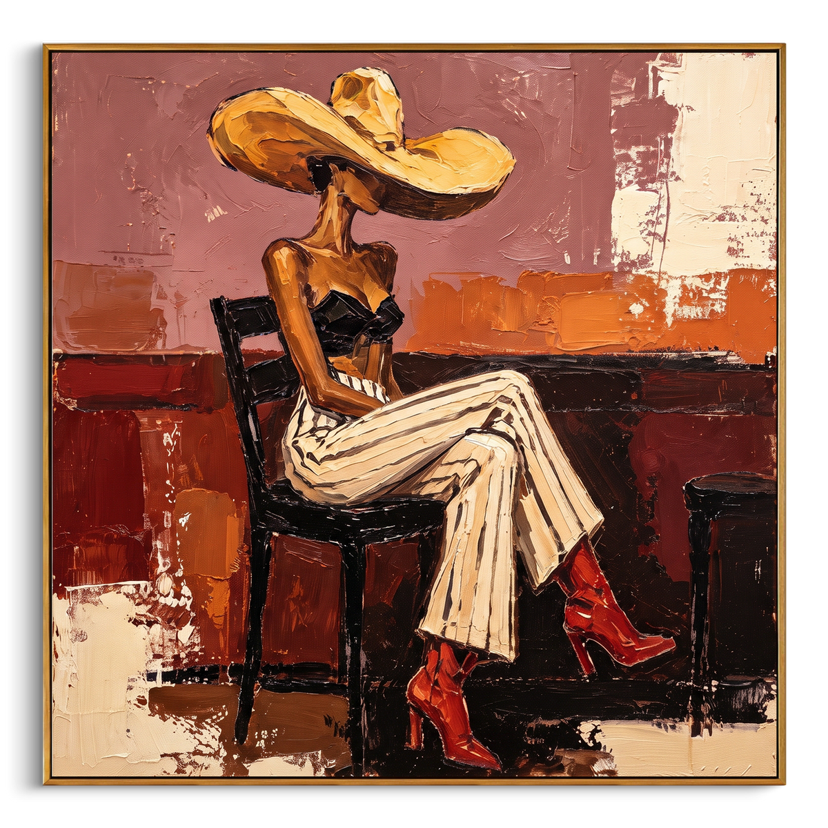 Orange Room Red Boots Figure focuses on seated fashion woman in striped cream pants, black top, golden hat, red boots, and orange room blocks. The composition is built from the exact pose, clothing shape, accessories, furniture, animal form, shoreline, palm shape, surfboard, or table arrangement visible in this artwork, so the image reads as a specific modern figurative painting rather than a generic decorative abstract. The orange; cream; red palette gives the piece its main atmosphere, while
