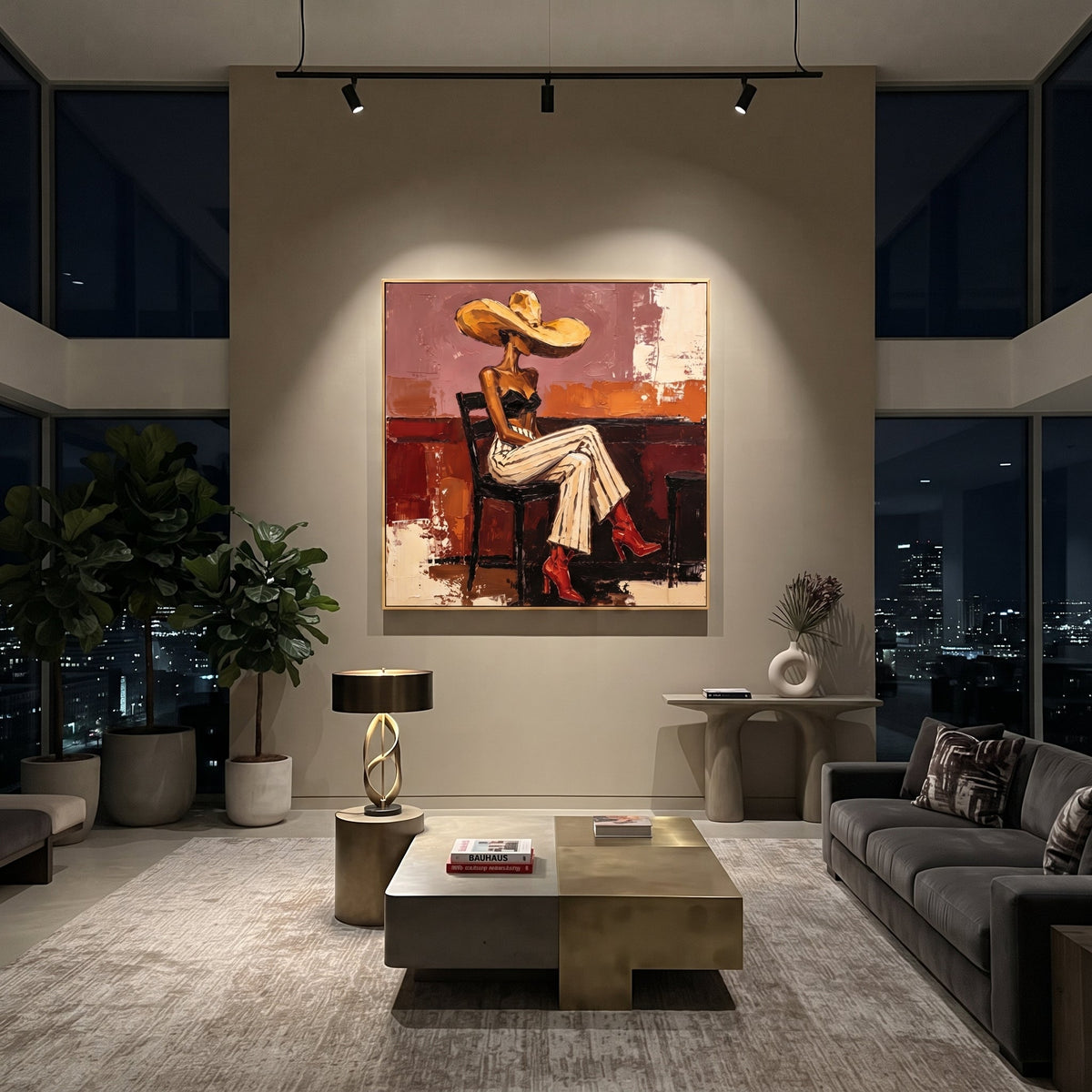 Orange Room Red Boots Figure focuses on seated fashion woman in striped cream pants, black top, golden hat, red boots, and orange room blocks. The composition is built from the exact pose, clothing shape, accessories, furniture, animal form, shoreline, palm shape, surfboard, or table arrangement visible in this artwork, so the image reads as a specific modern figurative painting rather than a generic decorative abstract. The orange; cream; red palette gives the piece its main atmosphere, while