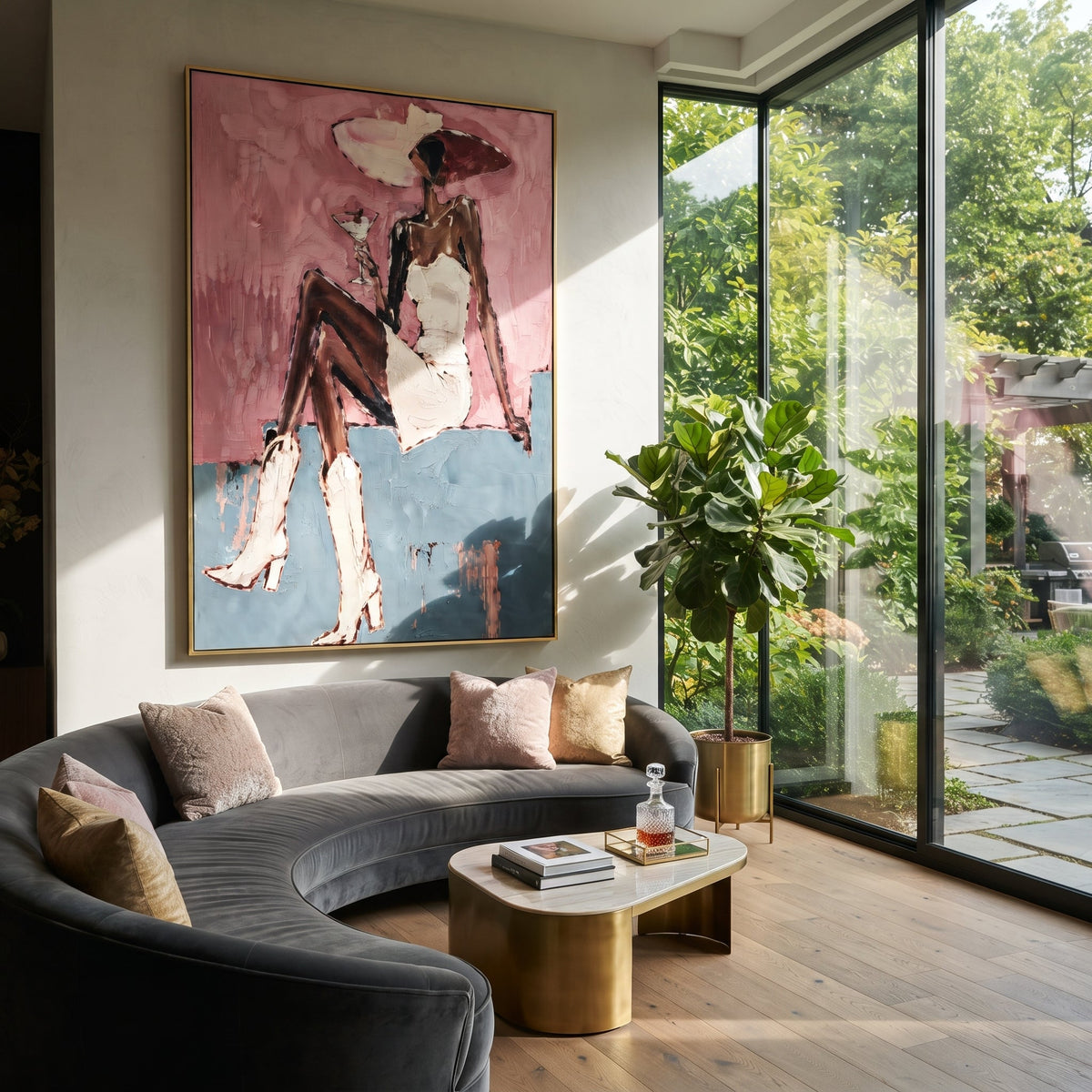 Pink Wall Seated White Dress focuses on seated woman in white dress and pink hat against rose wall and blue ledge. The composition is built from the exact pose, clothing shape, accessories, furniture, animal form, shoreline, palm shape, surfboard, or table arrangement visible in this artwork, so the image reads as a specific modern figurative painting rather than a generic decorative abstract. The pink; white; blue palette gives the piece its main atmosphere, while smaller dark and light accents