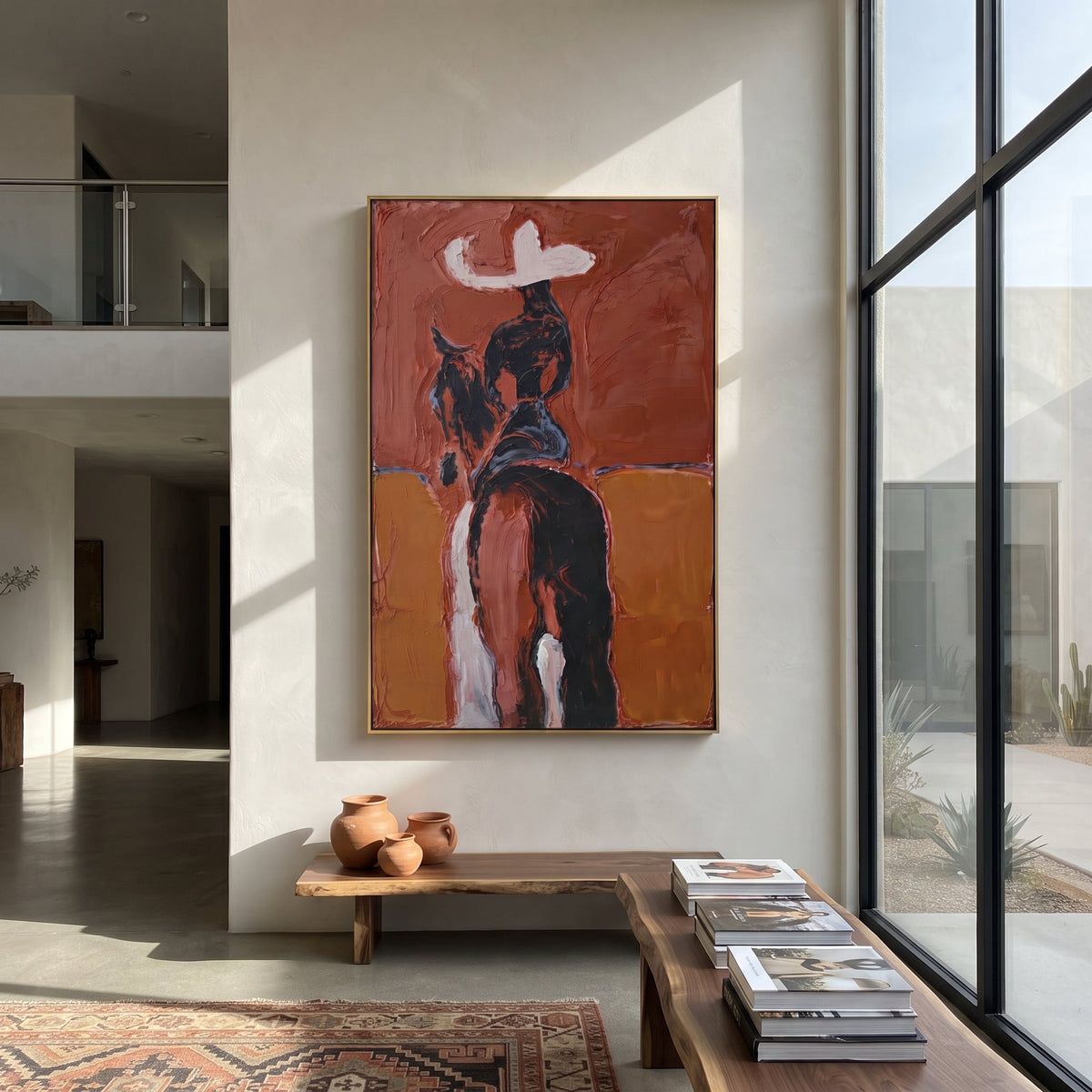 Rust Horse Rider Back focuses on rear view cowgirl on dark horse with white hat against rust orange blocks. The composition is built from the exact pose, clothing shape, accessories, furniture, animal form, shoreline, palm shape, surfboard, or table arrangement visible in this artwork, so the image reads as a specific modern figurative painting rather than a generic decorative abstract. The rust; black; white palette gives the piece its main atmosphere, while smaller dark and light accents
