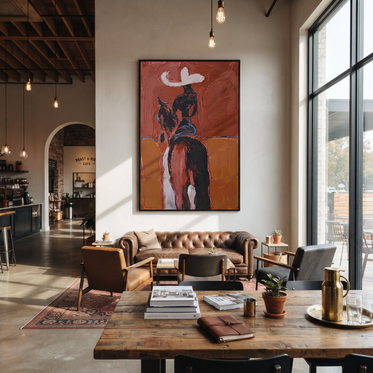 Rust Horse Rider Back focuses on rear view cowgirl on dark horse with white hat against rust orange blocks. The composition is built from the exact pose, clothing shape, accessories, furniture, animal form, shoreline, palm shape, surfboard, or table arrangement visible in this artwork, so the image reads as a specific modern figurative painting rather than a generic decorative abstract. The rust; black; white palette gives the piece its main atmosphere, while smaller dark and light accents