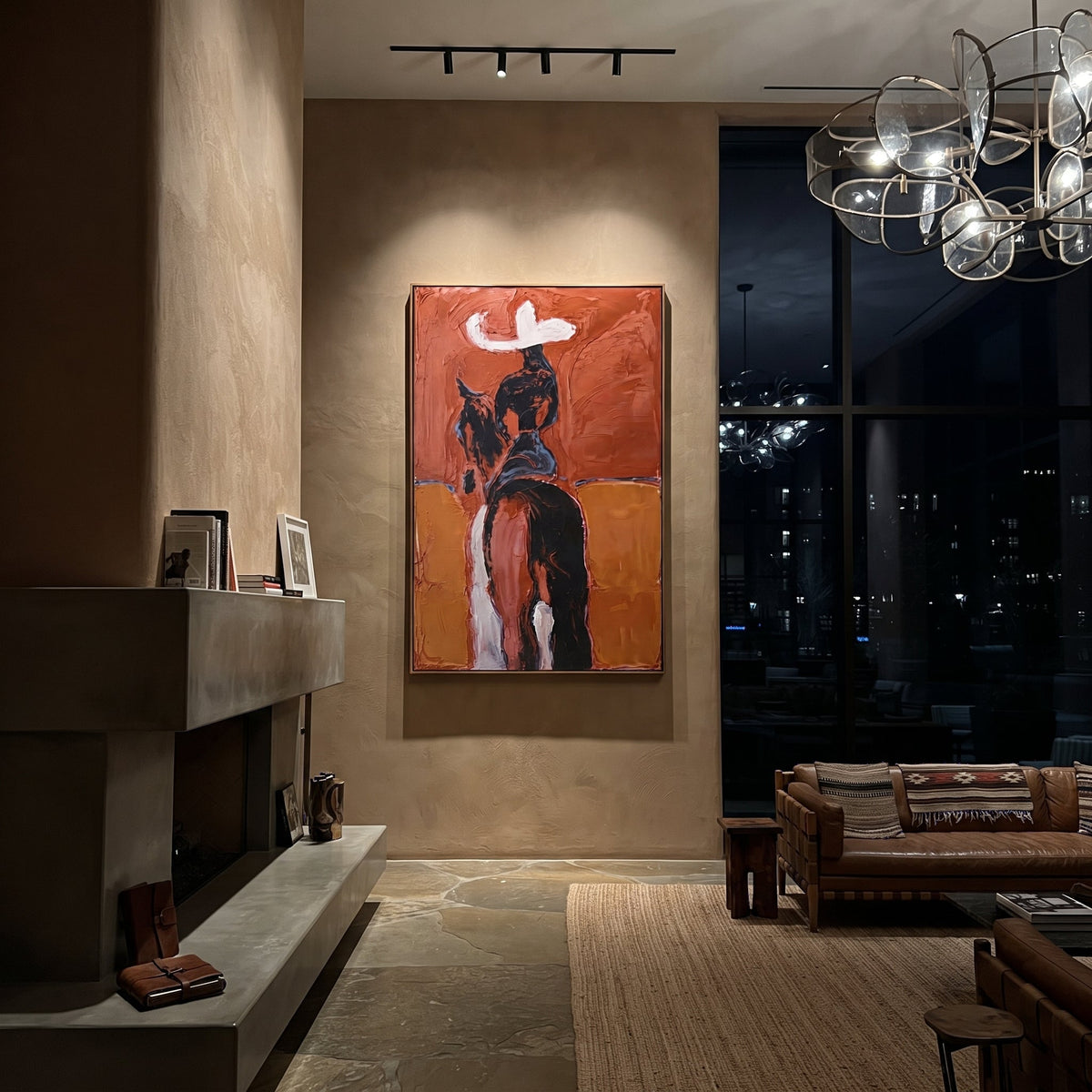 Rust Horse Rider Back focuses on rear view cowgirl on dark horse with white hat against rust orange blocks. The composition is built from the exact pose, clothing shape, accessories, furniture, animal form, shoreline, palm shape, surfboard, or table arrangement visible in this artwork, so the image reads as a specific modern figurative painting rather than a generic decorative abstract. The rust; black; white palette gives the piece its main atmosphere, while smaller dark and light accents