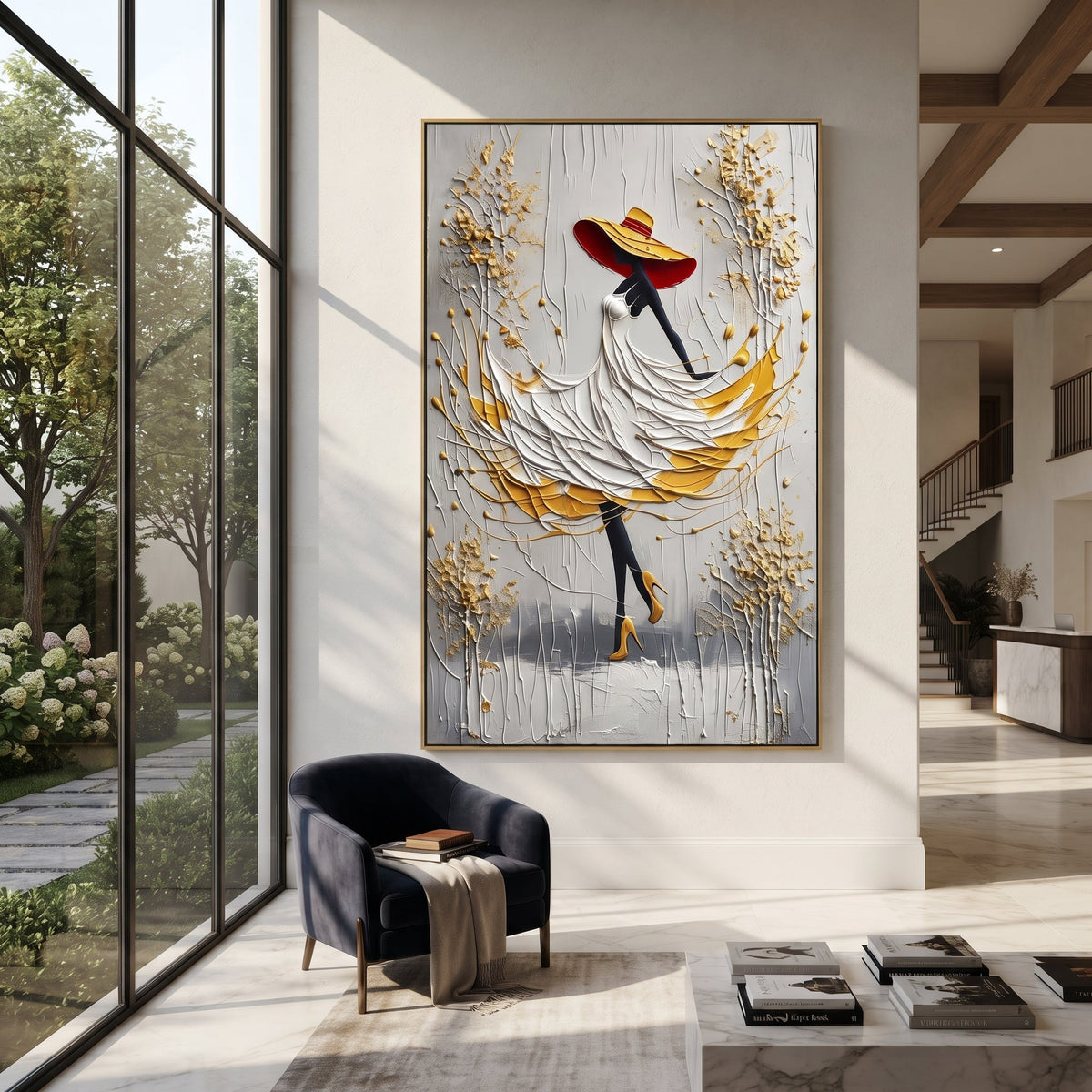 White Dress Golden Leaf Walk focuses on woman in raised white dress and yellow underskirt walking among golden branches on a grey ground. The composition is built from the exact pose, clothing shape, accessories, furniture, animal form, shoreline, palm shape, surfboard, or table arrangement visible in this artwork, so the image reads as a specific modern figurative painting rather than a generic decorative abstract. The white; yellow; grey palette gives the piece its main atmosphere, while