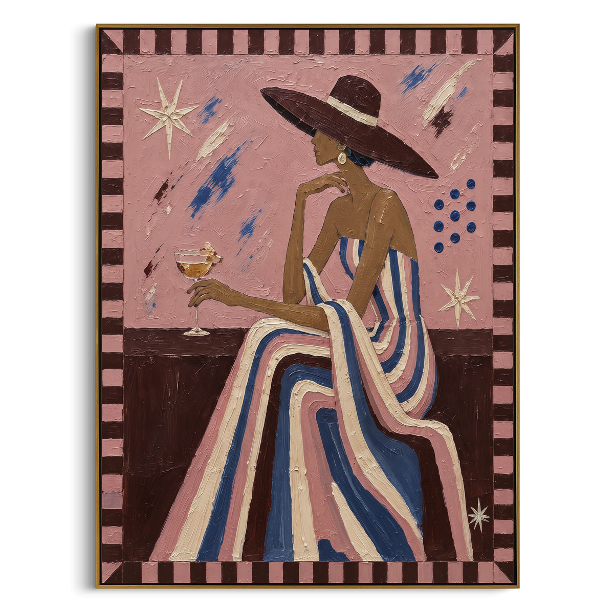 Striped Gown Pink Salon Figure focuses on seated profile woman in striped gown with dark hat, pink salon wall, and playful border marks. The composition is built from the exact pose, clothing shape, accessories, furniture, animal form, shoreline, palm shape, surfboard, or table arrangement visible in this artwork, so the image reads as a specific modern figurative painting rather than a generic decorative abstract. The pink; blue; brown palette gives the piece its main atmosphere, while smaller