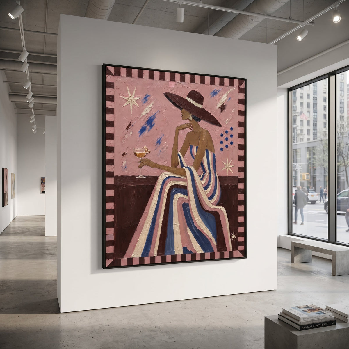 Striped Gown Pink Salon Figure focuses on seated profile woman in striped gown with dark hat, pink salon wall, and playful border marks. The composition is built from the exact pose, clothing shape, accessories, furniture, animal form, shoreline, palm shape, surfboard, or table arrangement visible in this artwork, so the image reads as a specific modern figurative painting rather than a generic decorative abstract. The pink; blue; brown palette gives the piece its main atmosphere, while smaller