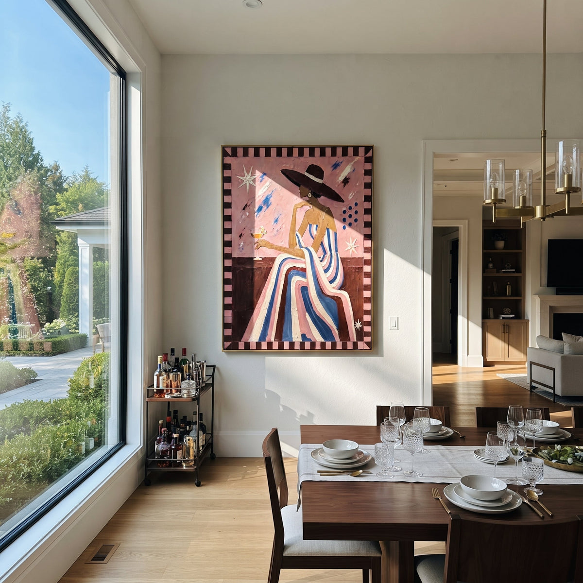 Striped Gown Pink Salon Figure focuses on seated profile woman in striped gown with dark hat, pink salon wall, and playful border marks. The composition is built from the exact pose, clothing shape, accessories, furniture, animal form, shoreline, palm shape, surfboard, or table arrangement visible in this artwork, so the image reads as a specific modern figurative painting rather than a generic decorative abstract. The pink; blue; brown palette gives the piece its main atmosphere, while smaller
