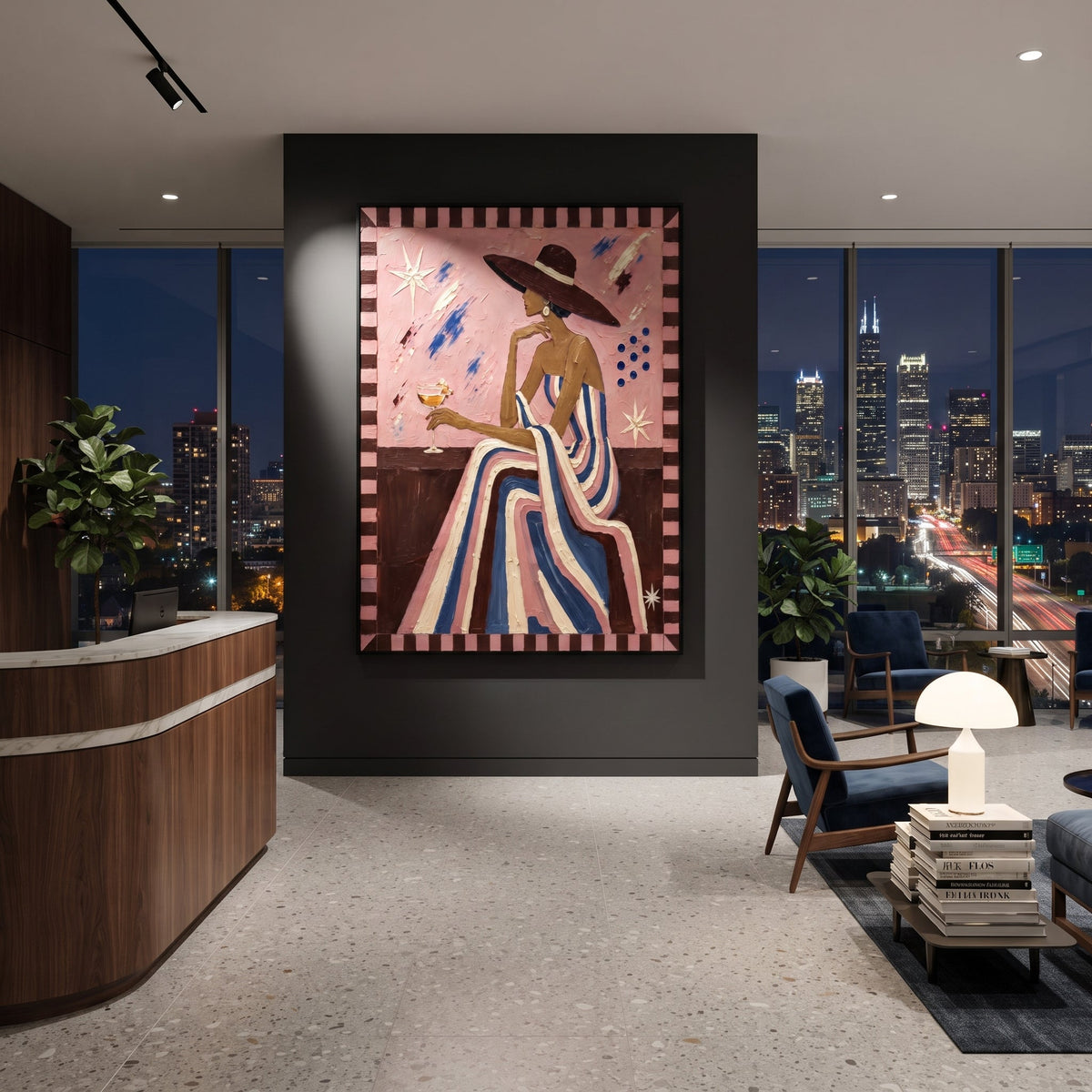 Striped Gown Pink Salon Figure focuses on seated profile woman in striped gown with dark hat, pink salon wall, and playful border marks. The composition is built from the exact pose, clothing shape, accessories, furniture, animal form, shoreline, palm shape, surfboard, or table arrangement visible in this artwork, so the image reads as a specific modern figurative painting rather than a generic decorative abstract. The pink; blue; brown palette gives the piece its main atmosphere, while smaller