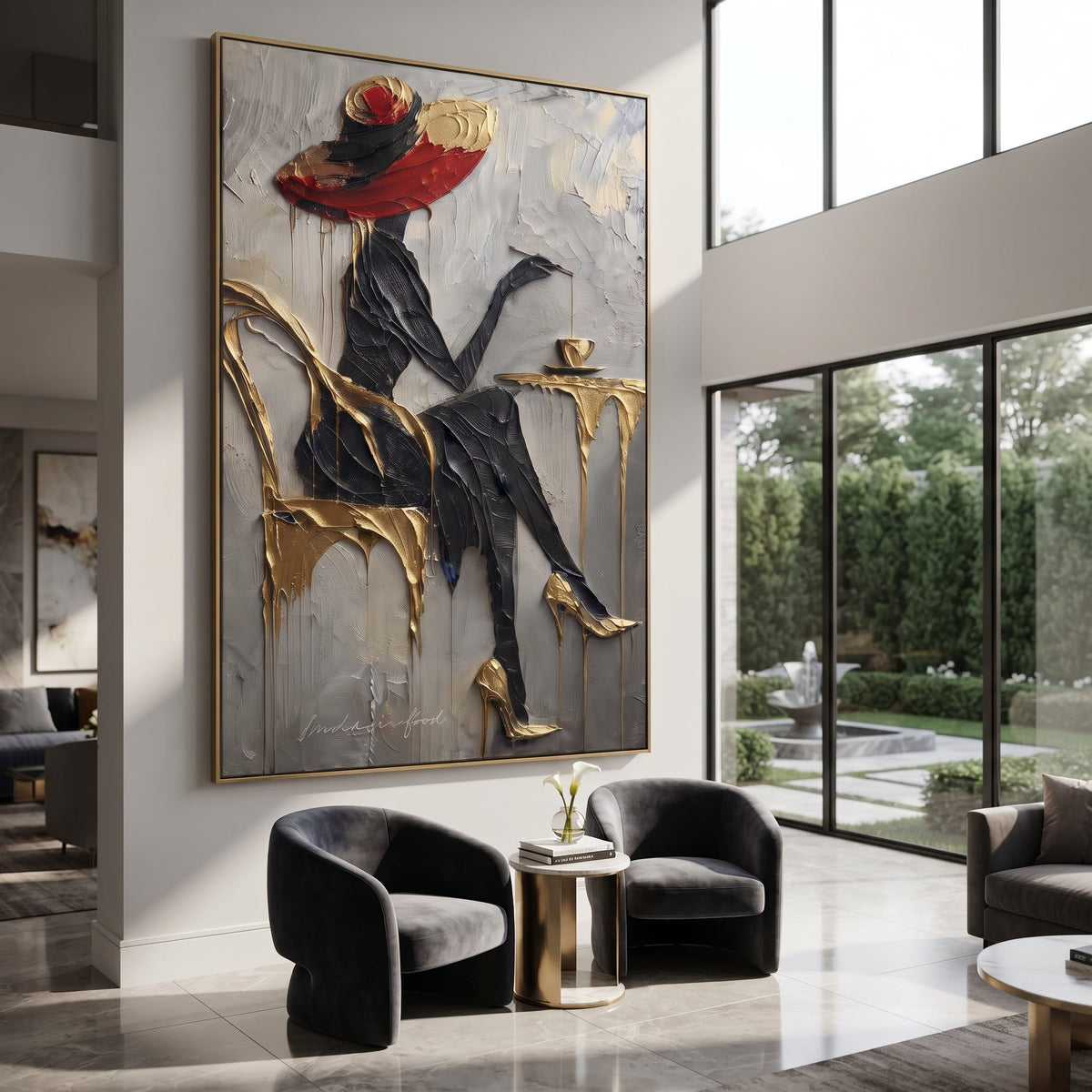 Black Dress Gold Cafe Chair focuses on seated black-dressed woman with red hat at gold cafe chair and small round table. The composition is built from the exact pose, clothing shape, accessories, furniture, animal form, shoreline, palm shape, surfboard, or table arrangement visible in this artwork, so the image reads as a specific modern figurative painting rather than a generic decorative abstract. The black; gold; grey palette gives the piece its main atmosphere, while smaller dark and light