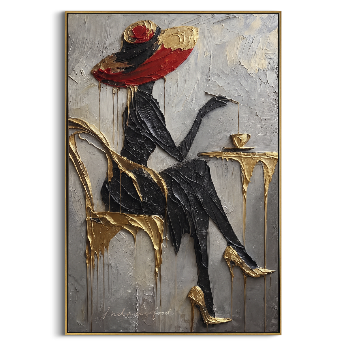Black Dress Gold Cafe Chair focuses on seated black-dressed woman with red hat at gold cafe chair and small round table. The composition is built from the exact pose, clothing shape, accessories, furniture, animal form, shoreline, palm shape, surfboard, or table arrangement visible in this artwork, so the image reads as a specific modern figurative painting rather than a generic decorative abstract. The black; gold; grey palette gives the piece its main atmosphere, while smaller dark and light