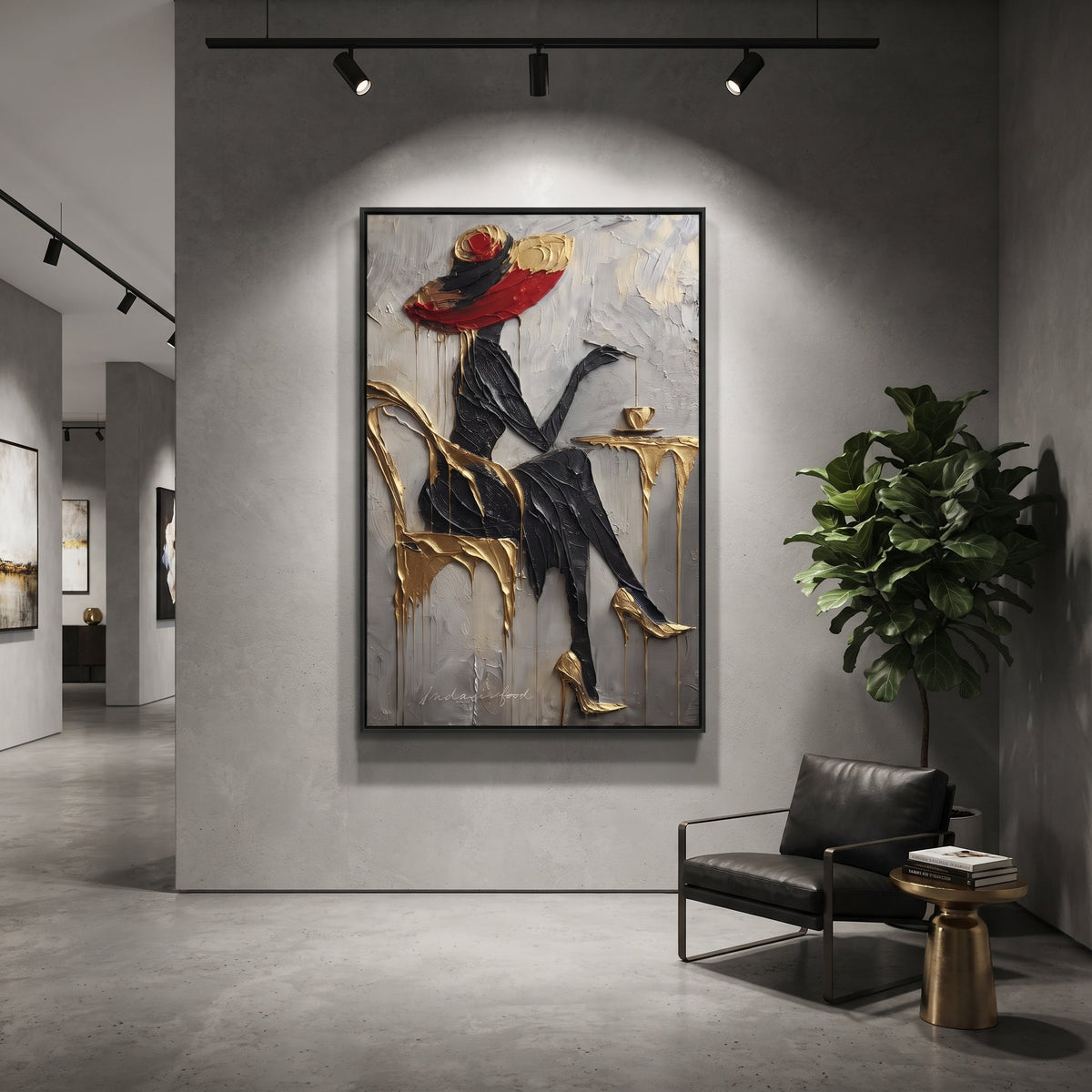 Black Dress Gold Cafe Chair focuses on seated black-dressed woman with red hat at gold cafe chair and small round table. The composition is built from the exact pose, clothing shape, accessories, furniture, animal form, shoreline, palm shape, surfboard, or table arrangement visible in this artwork, so the image reads as a specific modern figurative painting rather than a generic decorative abstract. The black; gold; grey palette gives the piece its main atmosphere, while smaller dark and light