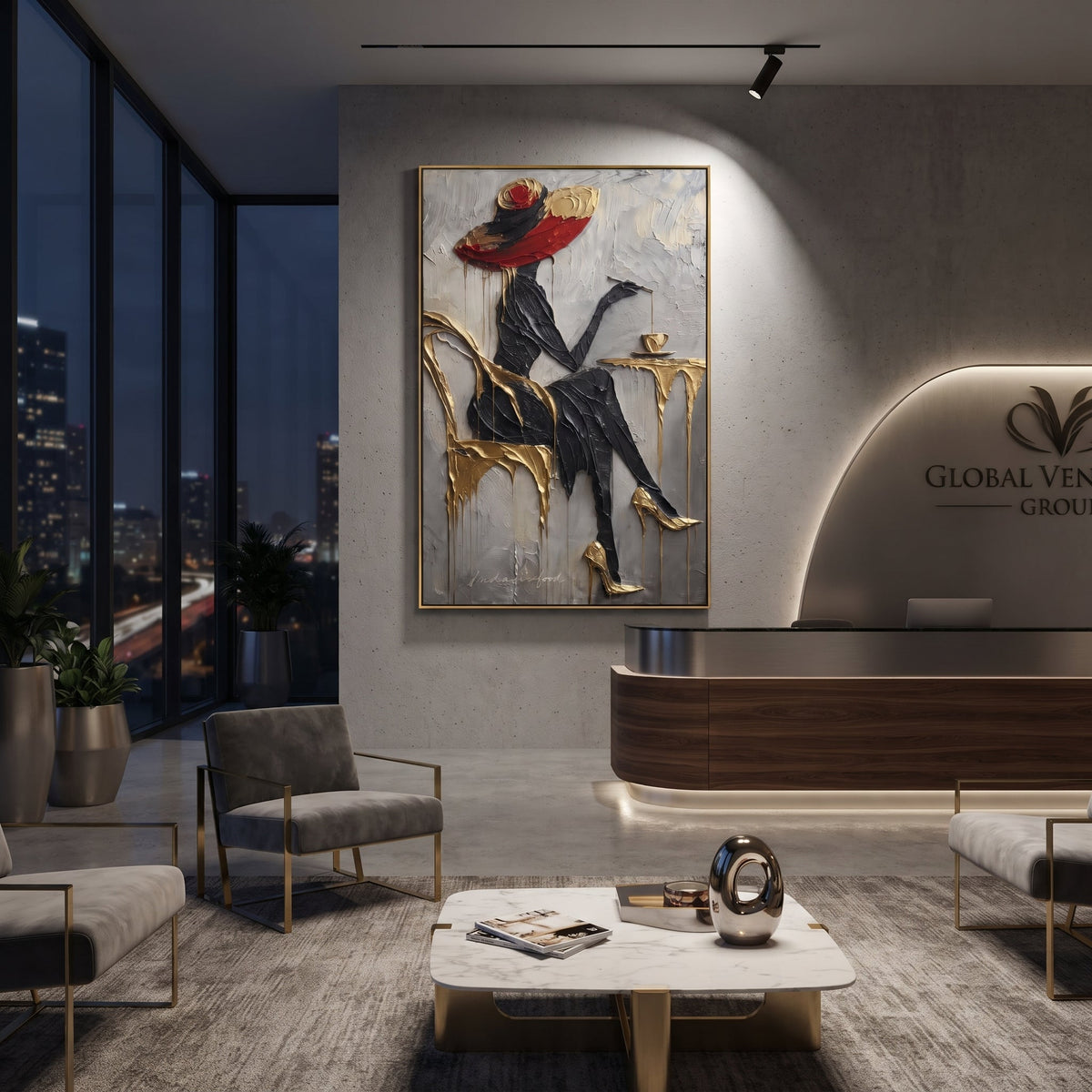 Black Dress Gold Cafe Chair focuses on seated black-dressed woman with red hat at gold cafe chair and small round table. The composition is built from the exact pose, clothing shape, accessories, furniture, animal form, shoreline, palm shape, surfboard, or table arrangement visible in this artwork, so the image reads as a specific modern figurative painting rather than a generic decorative abstract. The black; gold; grey palette gives the piece its main atmosphere, while smaller dark and light