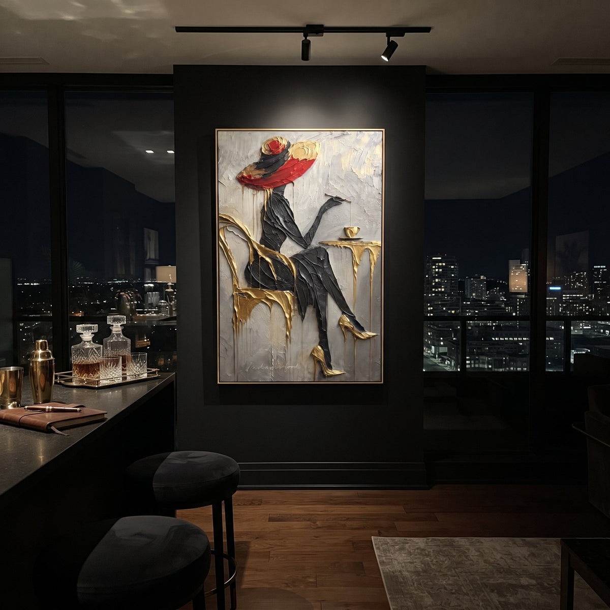Black Dress Gold Cafe Chair focuses on seated black-dressed woman with red hat at gold cafe chair and small round table. The composition is built from the exact pose, clothing shape, accessories, furniture, animal form, shoreline, palm shape, surfboard, or table arrangement visible in this artwork, so the image reads as a specific modern figurative painting rather than a generic decorative abstract. The black; gold; grey palette gives the piece its main atmosphere, while smaller dark and light