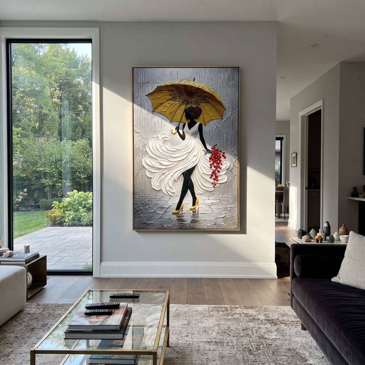 Yellow Umbrella Rain Dress focuses on woman in white sculpted dress under yellow umbrella with red berry accent on grey rain street. The composition is built from the exact pose, clothing shape, accessories, furniture, animal form, shoreline, palm shape, surfboard, or table arrangement visible in this artwork, so the image reads as a specific modern figurative painting rather than a generic decorative abstract. The yellow; white; grey palette gives the piece its main atmosphere, while smaller