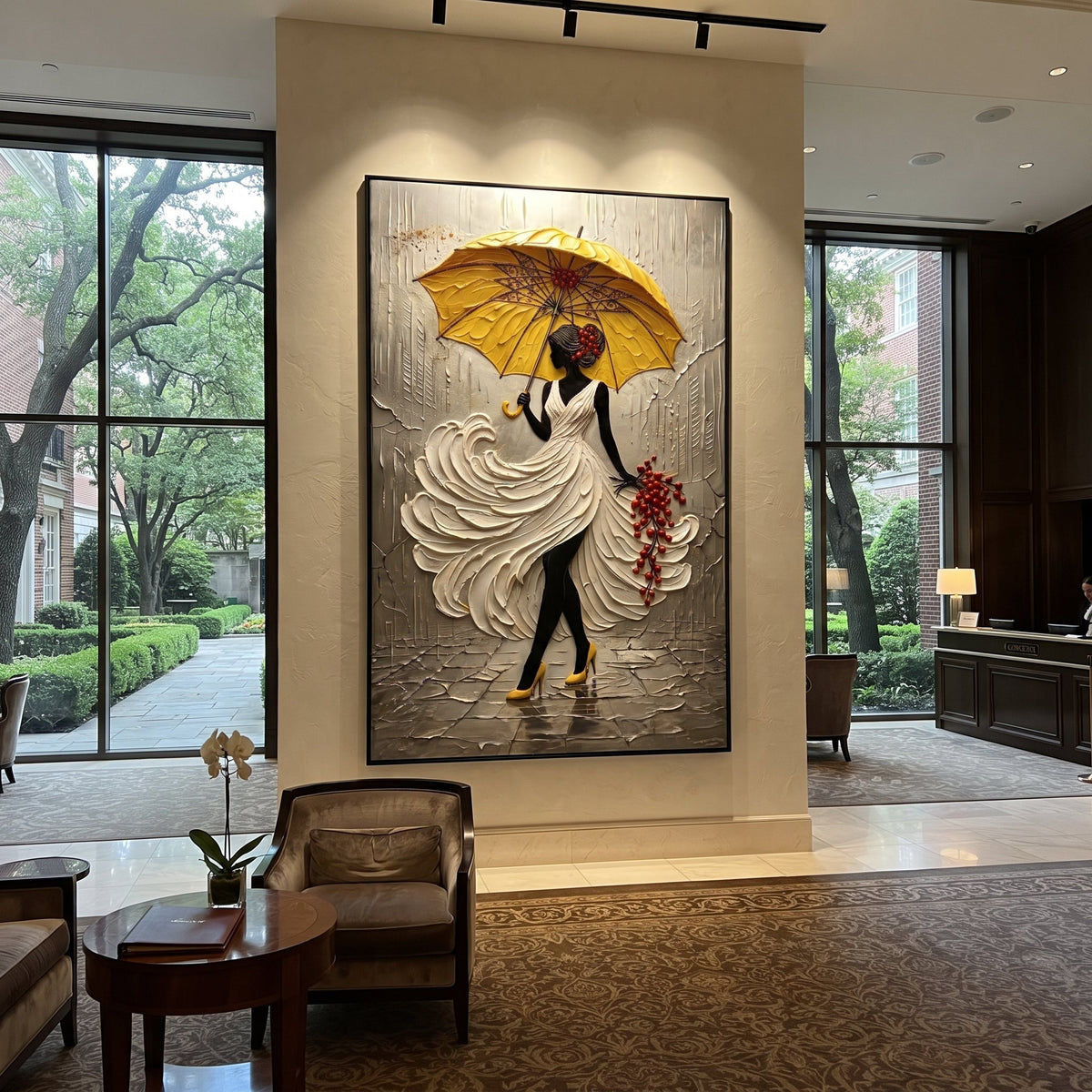 Yellow Umbrella Rain Dress focuses on woman in white sculpted dress under yellow umbrella with red berry accent on grey rain street. The composition is built from the exact pose, clothing shape, accessories, furniture, animal form, shoreline, palm shape, surfboard, or table arrangement visible in this artwork, so the image reads as a specific modern figurative painting rather than a generic decorative abstract. The yellow; white; grey palette gives the piece its main atmosphere, while smaller