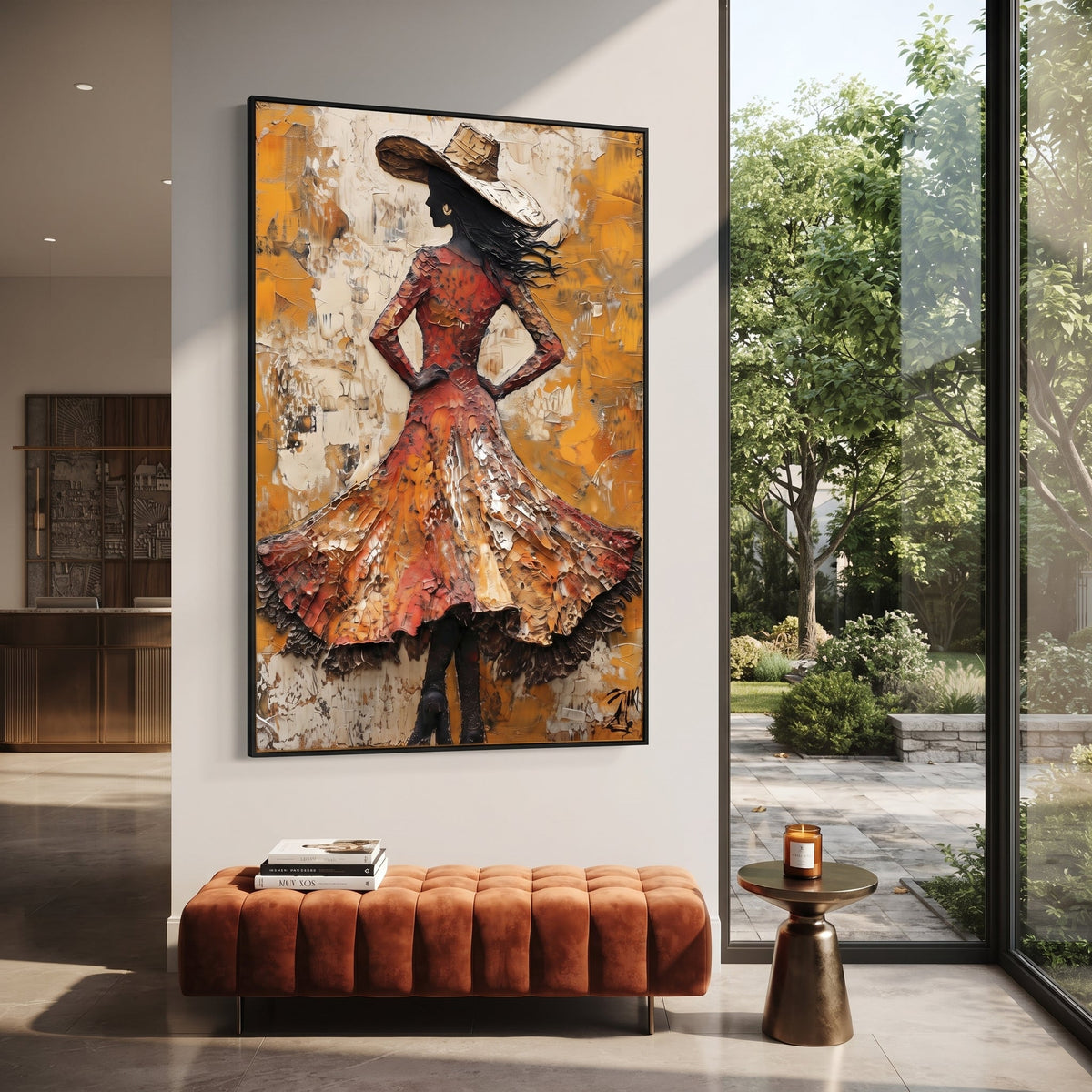 Orange Dress Wind Turn focuses on back view woman in textured orange dress and broad hat turning against yellow white plaster marks. The composition is built from the exact pose, clothing shape, accessories, furniture, animal form, shoreline, palm shape, surfboard, or table arrangement visible in this artwork, so the image reads as a specific modern figurative painting rather than a generic decorative abstract. The orange; yellow; black palette gives the piece its main atmosphere, while smaller