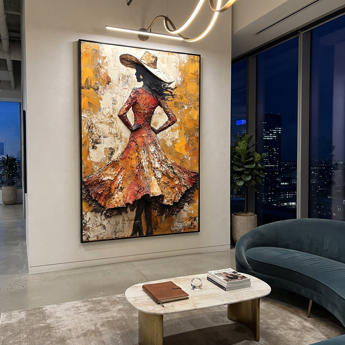 Orange Dress Wind Turn focuses on back view woman in textured orange dress and broad hat turning against yellow white plaster marks. The composition is built from the exact pose, clothing shape, accessories, furniture, animal form, shoreline, palm shape, surfboard, or table arrangement visible in this artwork, so the image reads as a specific modern figurative painting rather than a generic decorative abstract. The orange; yellow; black palette gives the piece its main atmosphere, while smaller