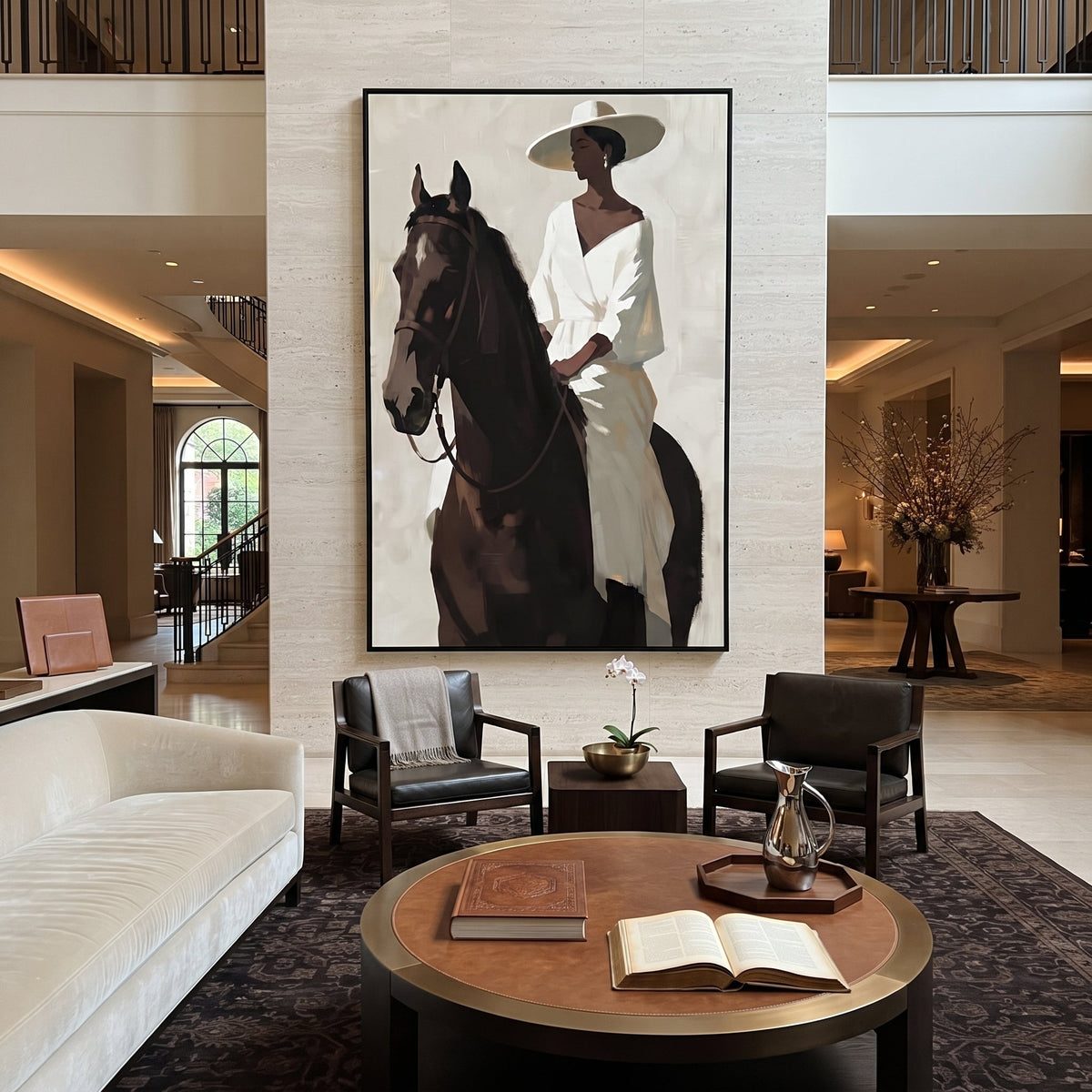 White Dress Horse Portrait focuses on woman in white dress and broad hat seated on dark horse in close vertical portrait. The composition is built from the exact pose, clothing shape, accessories, furniture, animal form, shoreline, palm shape, surfboard, or table arrangement visible in this artwork, so the image reads as a specific modern figurative painting rather than a generic decorative abstract. The white; brown; black palette gives the piece its main atmosphere, while smaller dark and