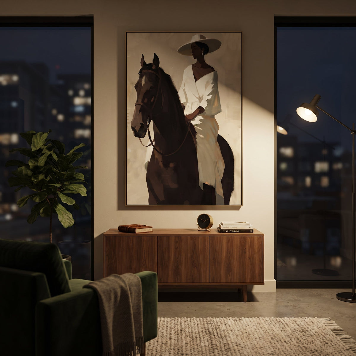 White Dress Horse Portrait focuses on woman in white dress and broad hat seated on dark horse in close vertical portrait. The composition is built from the exact pose, clothing shape, accessories, furniture, animal form, shoreline, palm shape, surfboard, or table arrangement visible in this artwork, so the image reads as a specific modern figurative painting rather than a generic decorative abstract. The white; brown; black palette gives the piece its main atmosphere, while smaller dark and