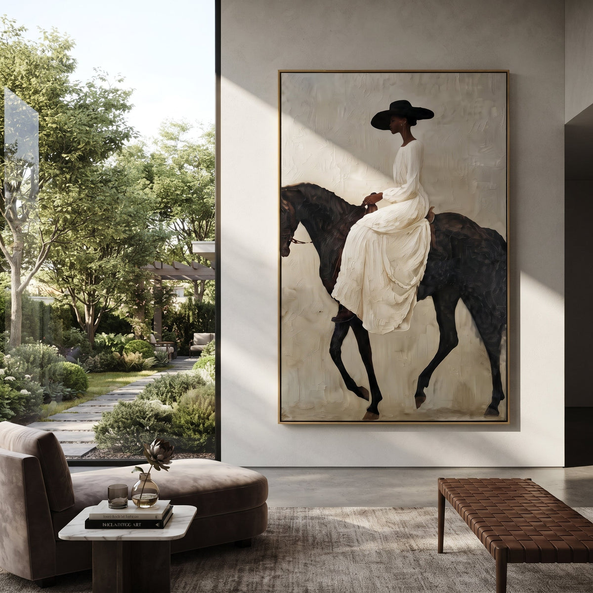 White Gown Black Horse Ride focuses on woman in flowing white gown riding black horse across pale grey ground. The composition is built from the exact pose, clothing shape, accessories, furniture, animal form, shoreline, palm shape, surfboard, or table arrangement visible in this artwork, so the image reads as a specific modern figurative painting rather than a generic decorative abstract. The white; black; grey palette gives the piece its main atmosphere, while smaller dark and light accents
