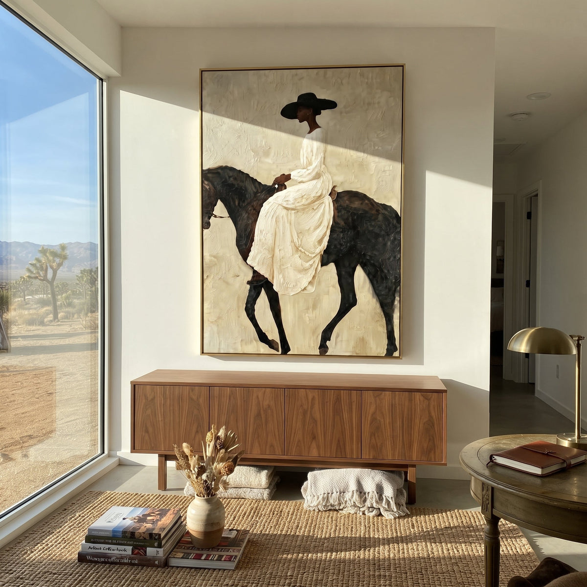 White Gown Black Horse Ride focuses on woman in flowing white gown riding black horse across pale grey ground. The composition is built from the exact pose, clothing shape, accessories, furniture, animal form, shoreline, palm shape, surfboard, or table arrangement visible in this artwork, so the image reads as a specific modern figurative painting rather than a generic decorative abstract. The white; black; grey palette gives the piece its main atmosphere, while smaller dark and light accents
