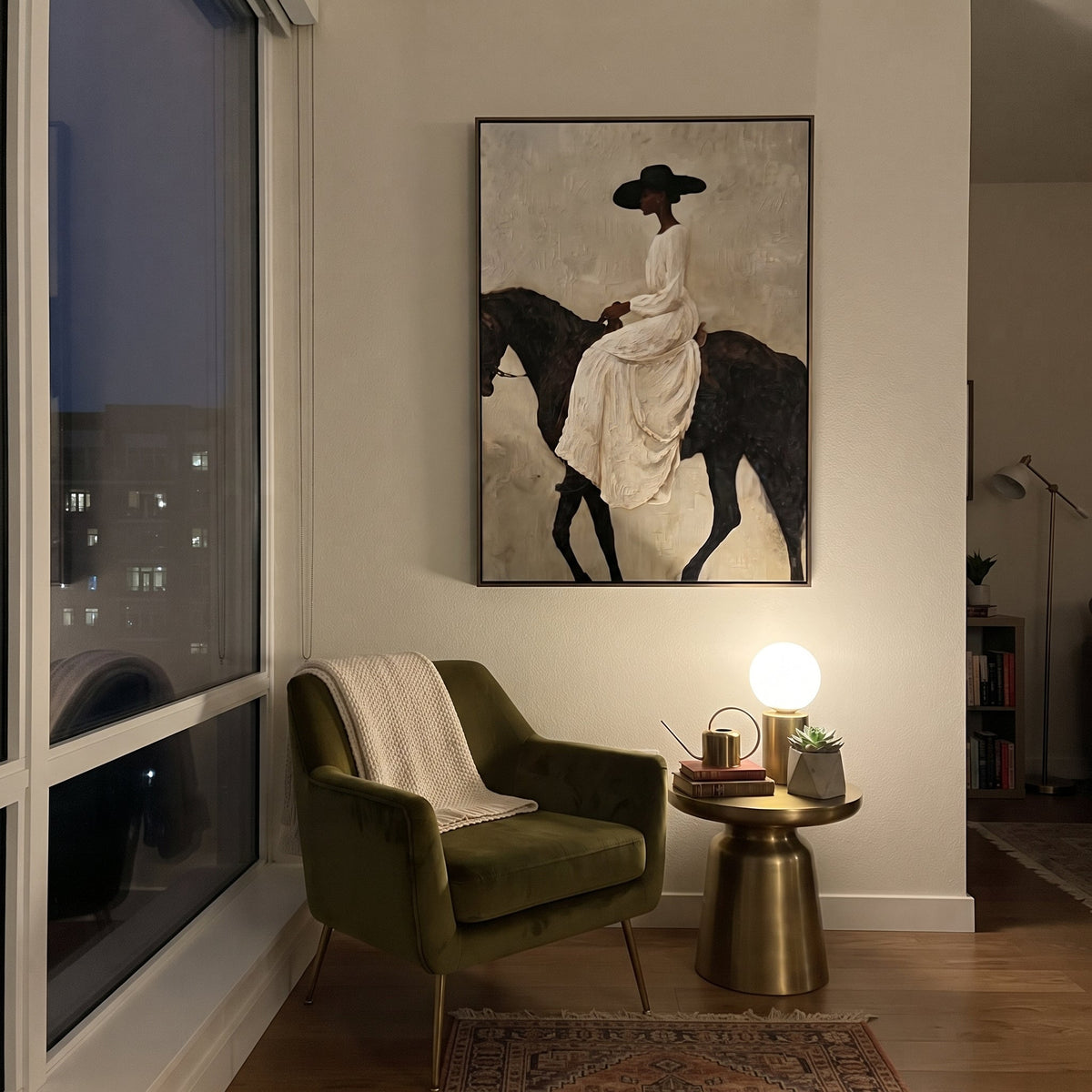 White Gown Black Horse Ride focuses on woman in flowing white gown riding black horse across pale grey ground. The composition is built from the exact pose, clothing shape, accessories, furniture, animal form, shoreline, palm shape, surfboard, or table arrangement visible in this artwork, so the image reads as a specific modern figurative painting rather than a generic decorative abstract. The white; black; grey palette gives the piece its main atmosphere, while smaller dark and light accents