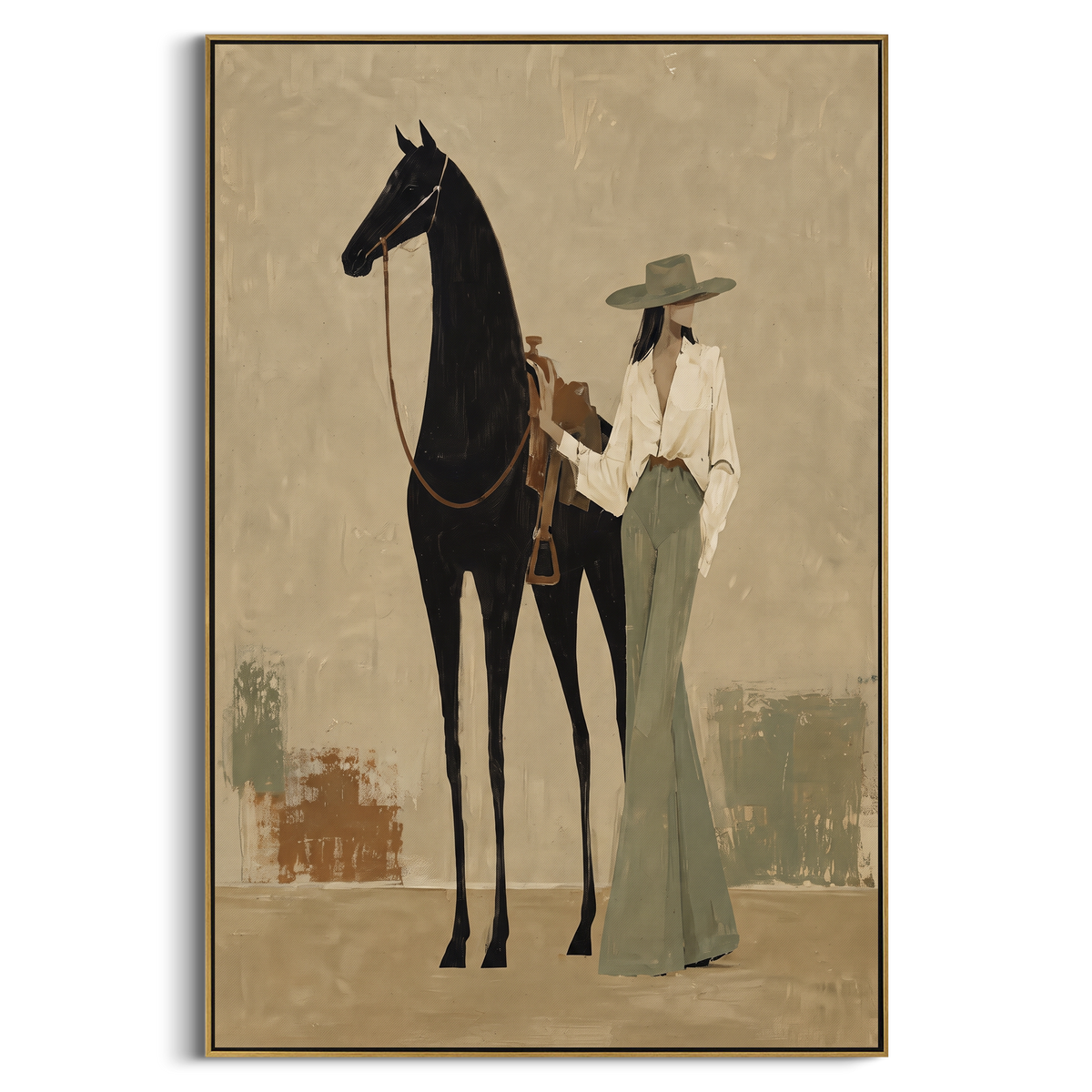 Standing Hat Woman With Horse focuses on standing woman in white jacket and green skirt beside tall black horse on beige ground. The composition is built from the exact pose, clothing shape, accessories, furniture, animal form, shoreline, palm shape, surfboard, or table arrangement visible in this artwork, so the image reads as a specific modern figurative painting rather than a generic decorative abstract. The beige; black; green palette gives the piece its main atmosphere, while smaller dark