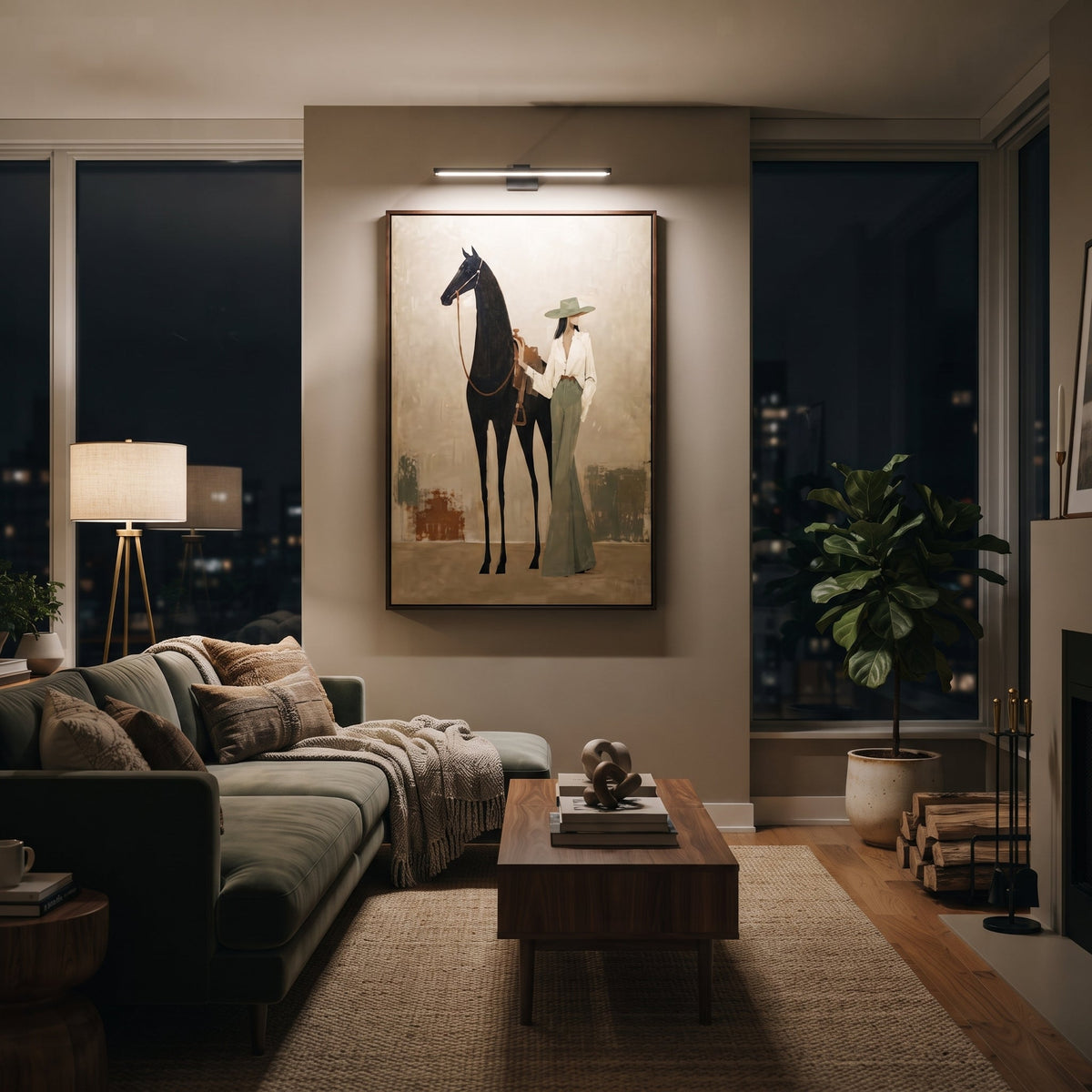 Standing Hat Woman With Horse focuses on standing woman in white jacket and green skirt beside tall black horse on beige ground. The composition is built from the exact pose, clothing shape, accessories, furniture, animal form, shoreline, palm shape, surfboard, or table arrangement visible in this artwork, so the image reads as a specific modern figurative painting rather than a generic decorative abstract. The beige; black; green palette gives the piece its main atmosphere, while smaller dark