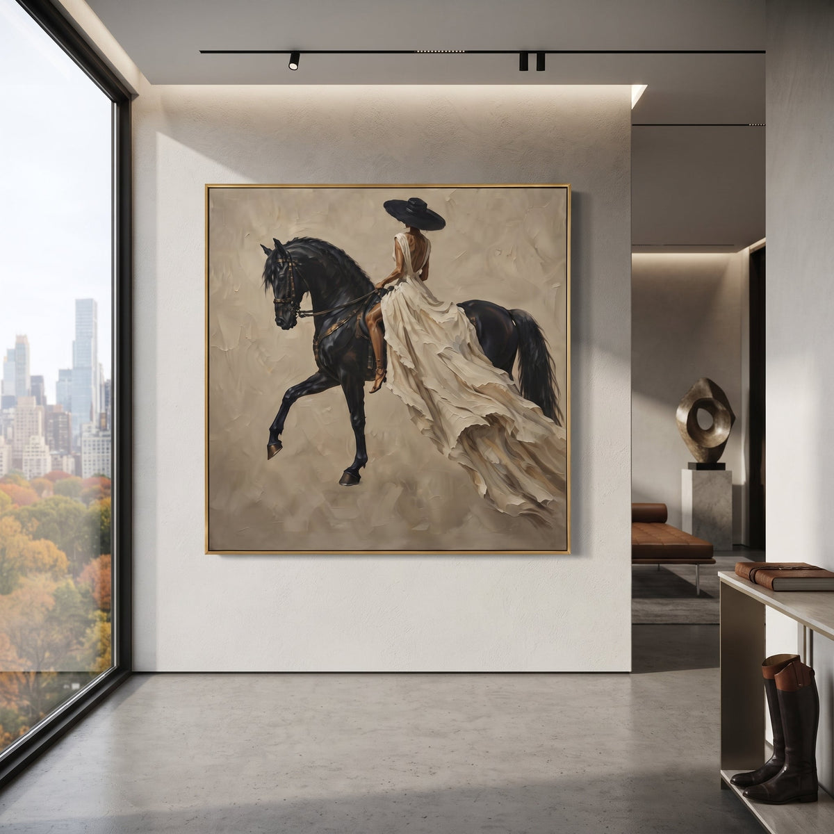 Flowing White Dress Horse focuses on woman in flowing white dress riding black horse across taupe square field. The composition is built from the exact pose, clothing shape, accessories, furniture, animal form, shoreline, palm shape, surfboard, or table arrangement visible in this artwork, so the image reads as a specific modern figurative painting rather than a generic decorative abstract. The white; black; taupe palette gives the piece its main atmosphere, while smaller dark and light accents