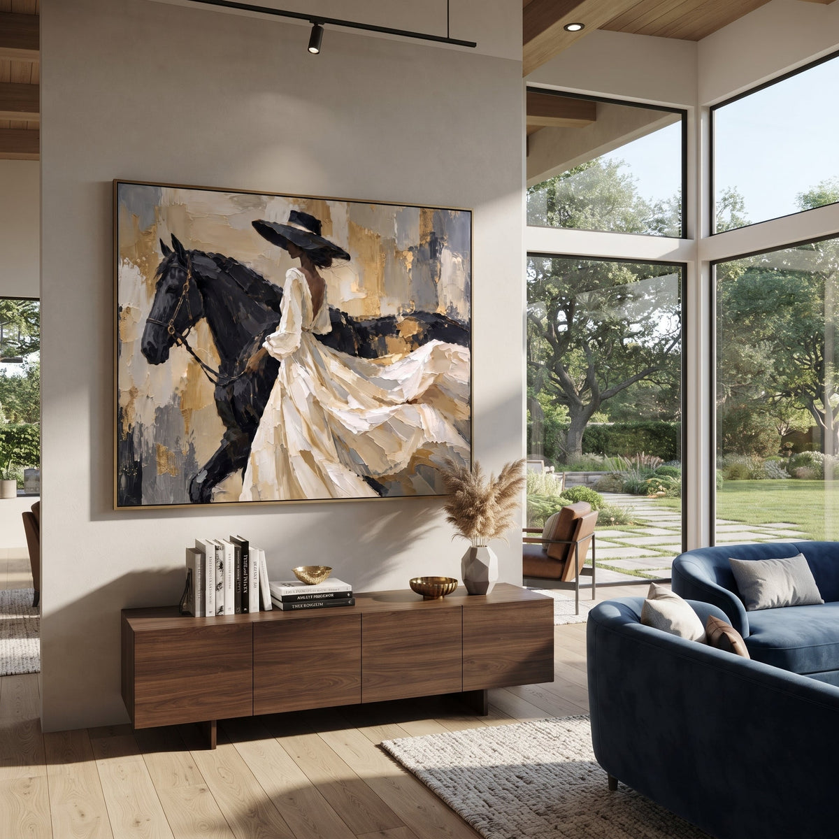 White Dress Horse Side Sweep focuses on horizontal horse and white dress rider with sweeping gown across beige abstract field. The composition is built from the exact pose, clothing shape, accessories, furniture, animal form, shoreline, palm shape, surfboard, or table arrangement visible in this artwork, so the image reads as a specific modern figurative painting rather than a generic decorative abstract. The white; black; beige palette gives the piece its main atmosphere, while smaller dark and
