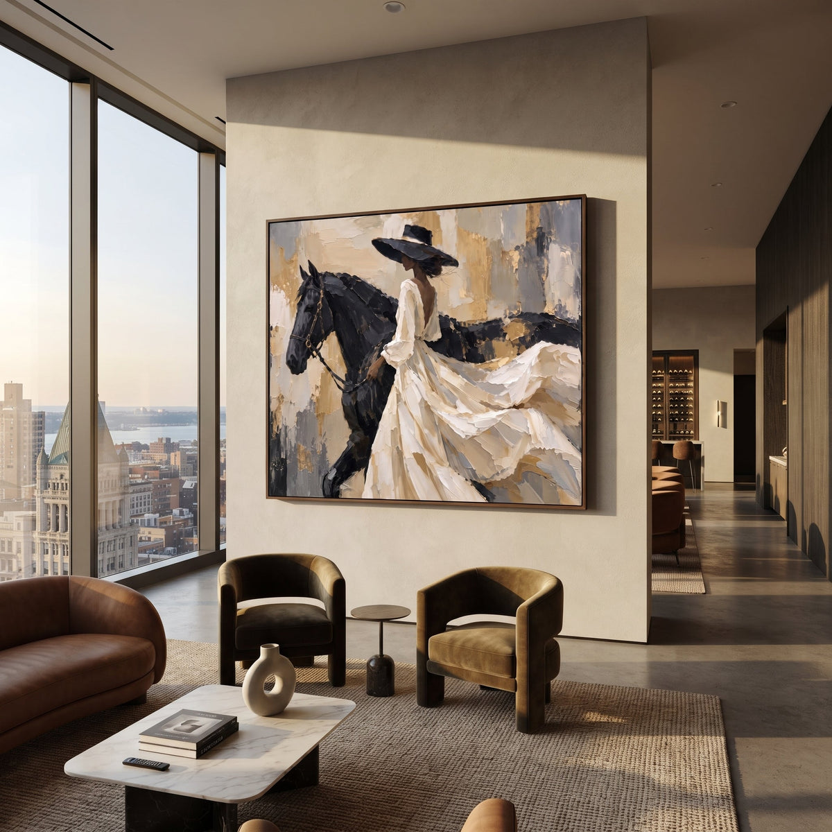 White Dress Horse Side Sweep focuses on horizontal horse and white dress rider with sweeping gown across beige abstract field. The composition is built from the exact pose, clothing shape, accessories, furniture, animal form, shoreline, palm shape, surfboard, or table arrangement visible in this artwork, so the image reads as a specific modern figurative painting rather than a generic decorative abstract. The white; black; beige palette gives the piece its main atmosphere, while smaller dark and