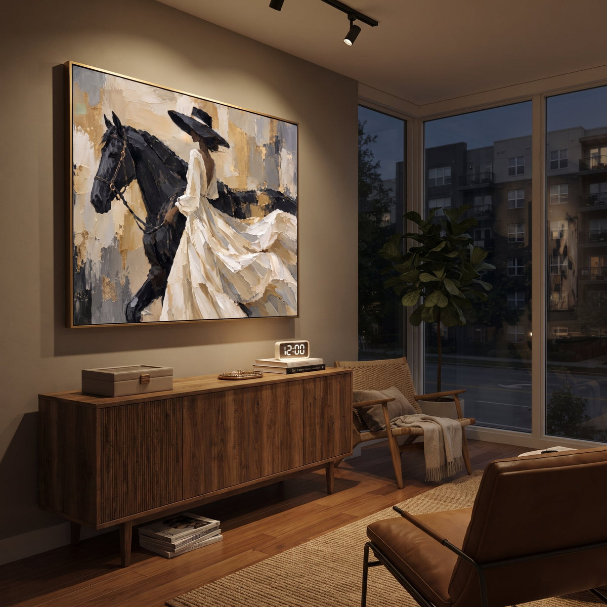 White Dress Horse Side Sweep focuses on horizontal horse and white dress rider with sweeping gown across beige abstract field. The composition is built from the exact pose, clothing shape, accessories, furniture, animal form, shoreline, palm shape, surfboard, or table arrangement visible in this artwork, so the image reads as a specific modern figurative painting rather than a generic decorative abstract. The white; black; beige palette gives the piece its main atmosphere, while smaller dark and