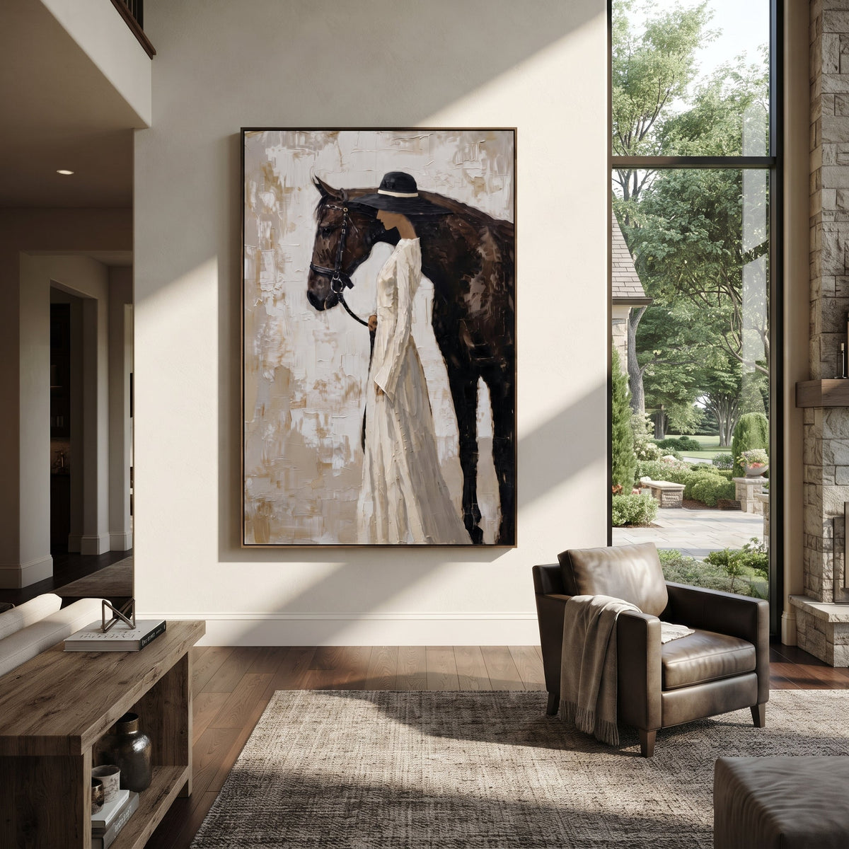 Bride Hat Horse Companion focuses on white-gowned woman standing beside black horse on grey beige textured wall. The composition is built from the exact pose, clothing shape, accessories, furniture, animal form, shoreline, palm shape, surfboard, or table arrangement visible in this artwork, so the image reads as a specific modern figurative painting rather than a generic decorative abstract. The white; black; grey palette gives the piece its main atmosphere, while smaller dark and light accents