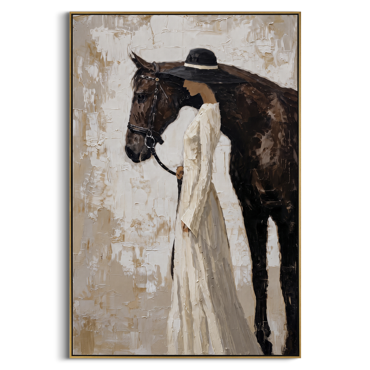 Bride Hat Horse Companion focuses on white-gowned woman standing beside black horse on grey beige textured wall. The composition is built from the exact pose, clothing shape, accessories, furniture, animal form, shoreline, palm shape, surfboard, or table arrangement visible in this artwork, so the image reads as a specific modern figurative painting rather than a generic decorative abstract. The white; black; grey palette gives the piece its main atmosphere, while smaller dark and light accents